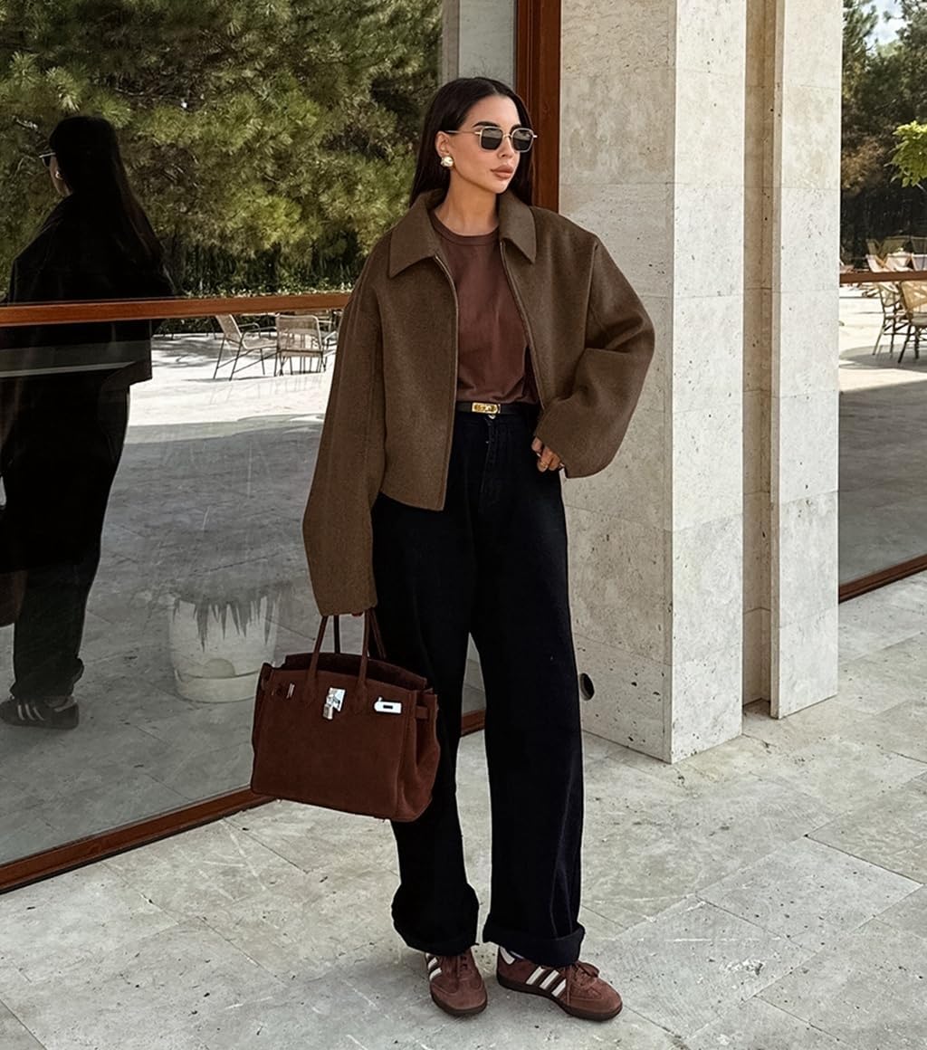 Bomber Jacket Women Wool Long Sleeve Lapel Zip Up Brown Jacket Women Casual 2025 - Image 5