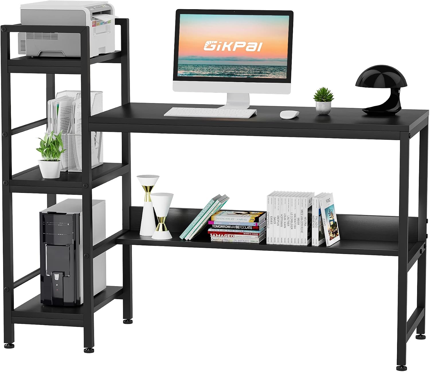GIKPAL Computer Desk with Shelves | Compact Wood Metal Writing Study Desk Table with Storage Bookshelf for Home Office (Black)
