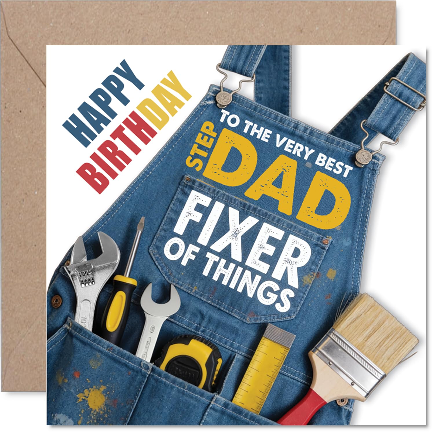 Heartfelt Birthday Card for Step Dad - Cheers to the Top Step Dad - Denim and Tools Design with Cheerful Appreciation - 145mm Square, Envelope Included
