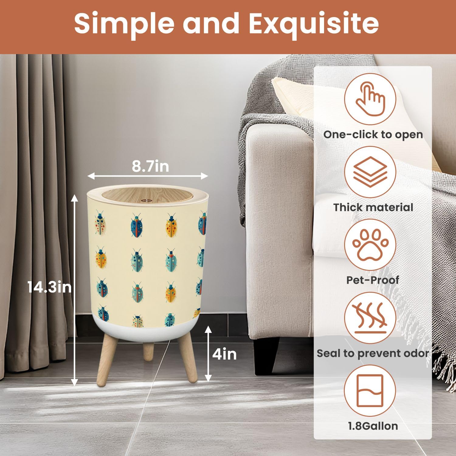 Bathroom Trash Can with Lid Ladybird Nursery Decor Heart Funky Stripes Garbage Bin Waste Basket for Kitchen Office Bedroom Decoration Diaper Pail 1.8 Gallon
