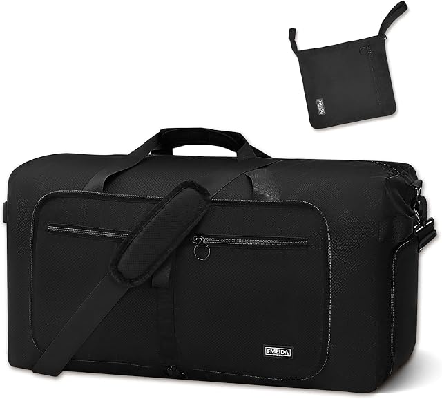 Fmeida Travel Duffel Bag 65L with Shoes Compartment & Shoulder Strap, Foldable Holdall Duffle Bags for Men Women, Large Overnight Bags Weekend Travel Bag Waterproof Lightweight Luggage Bag (Black)