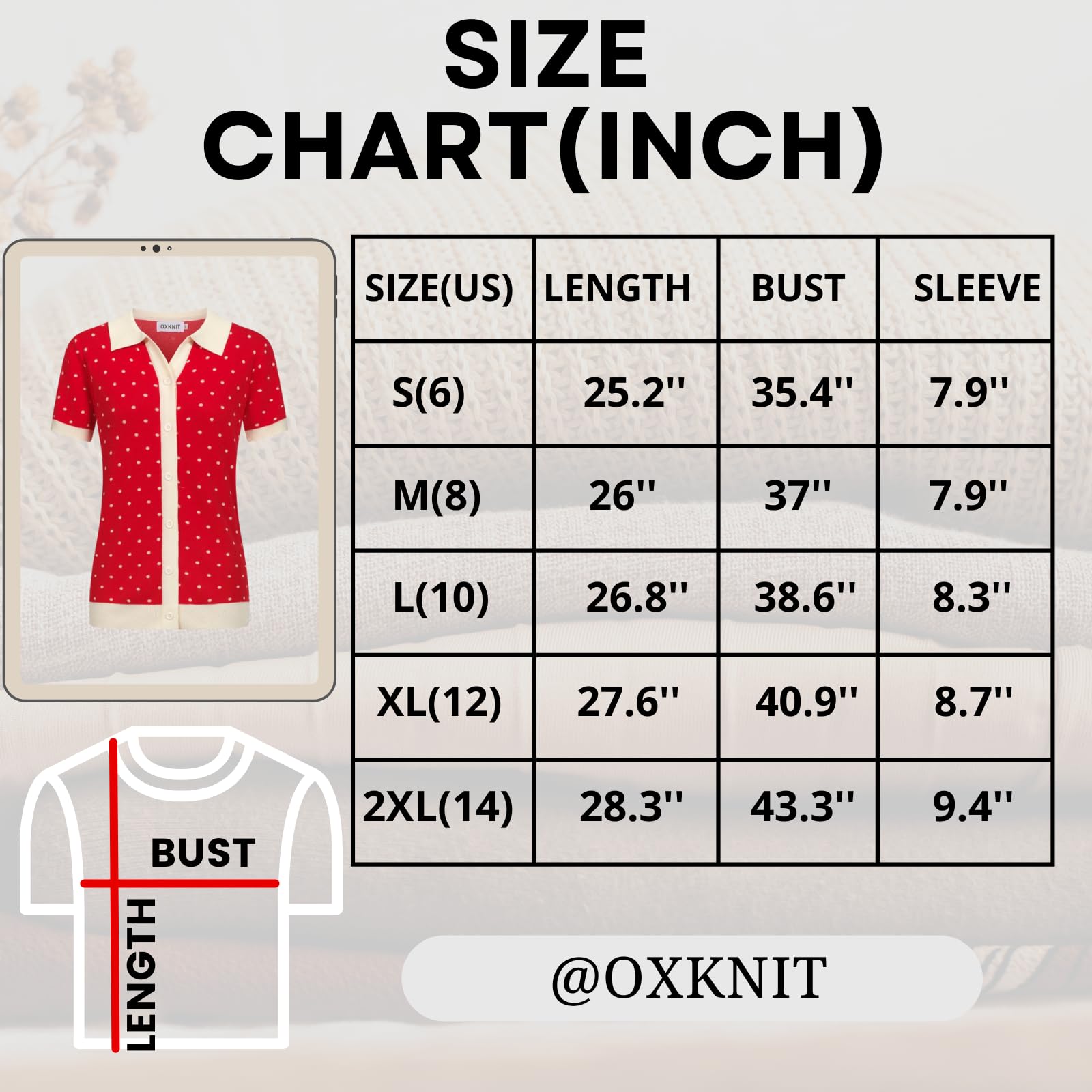 OXKNIT Polo à manches courtes pour femme - Vintage - En tricot - Décontracté - Rouge - En coton avec pois blancs