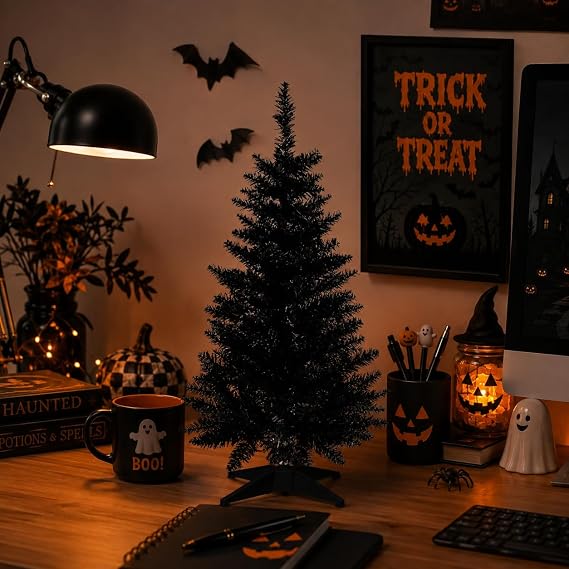 Mini Christmas Tree 3FT Artificial Desktop Xmas Tree for Christmas Halloween Decor with 160 Branch Tips, Black | Desk Xmas Tree with Stable Base for Home Halloween Apartment Indoor Outdoor Holiday Decoration