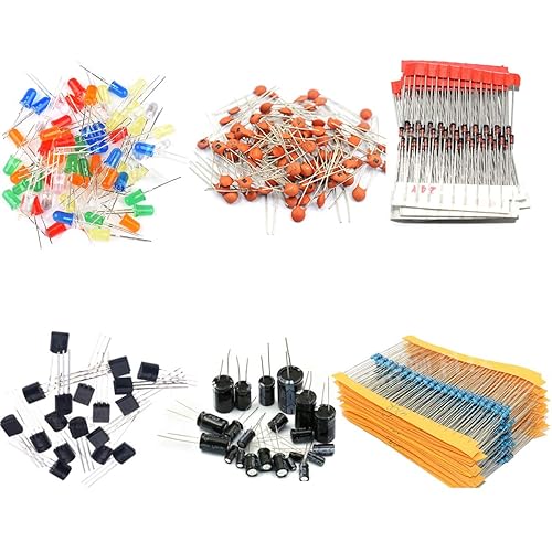 Kit de componentes electrónicos básicos resistencia 600 piezas de diodo 100 piezas LED 6 colores 120 piezas de condensador electrolítico 12 valores