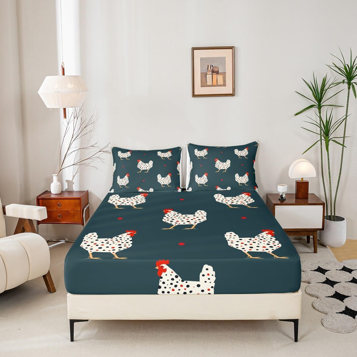 Chicken Cartoon Sheet Twin,Farm Animal Rustic Bedding Set for Kids Teens Adults,Boys Girls Farmhouse Dark Green Vintage Bed Sheet Set 3pcs(Deep Pocket Fitted Sheet + Flat Sheet + 1 Pillowcase)