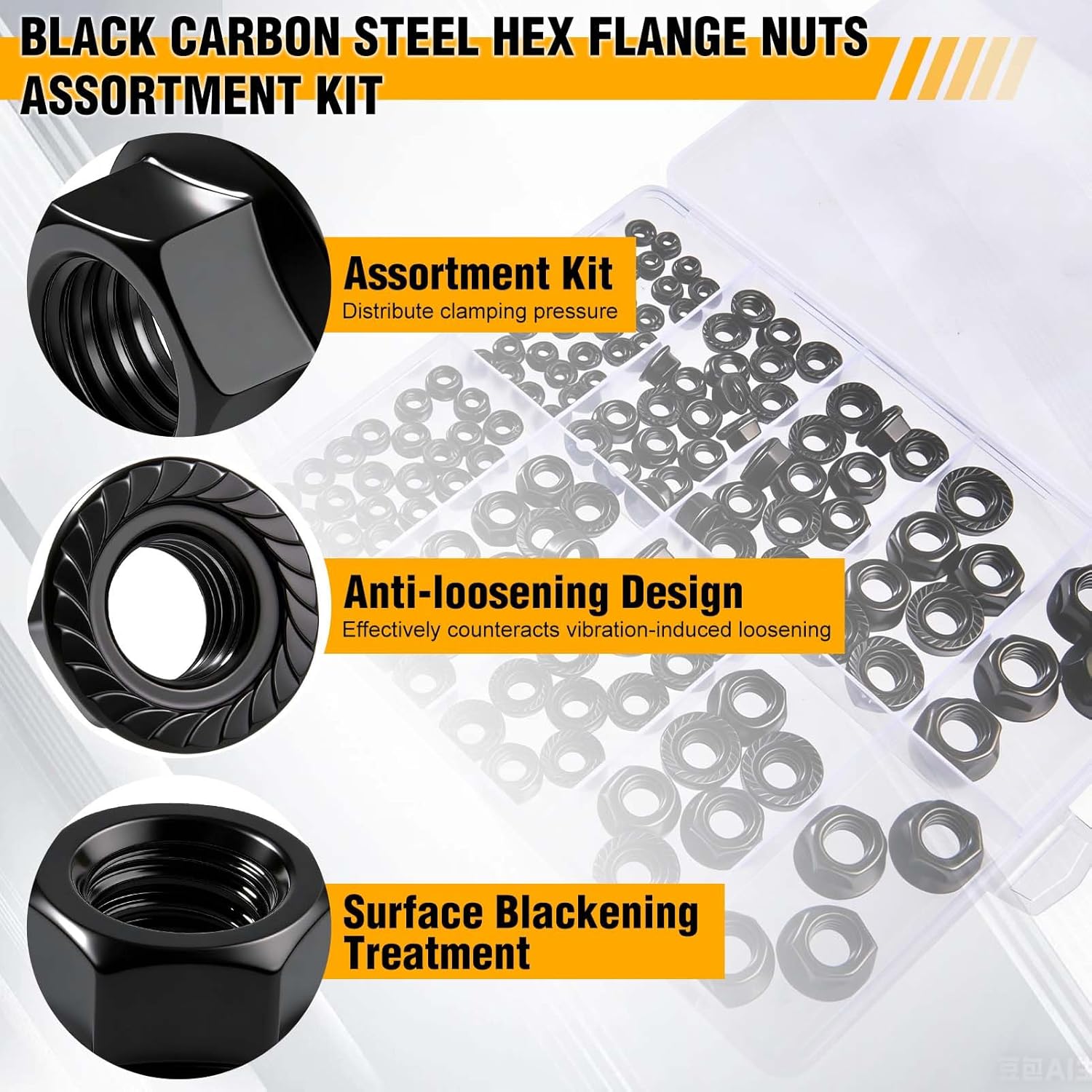 136 Piece Black Hex Flange Nuts Assortment Kit M3 M4 M5 M6 M8 M10 with Storage Case Anti-Vibration Serrated Flange Lock Nuts for Automotive, DIY & Home Repair,Carbon Steel
