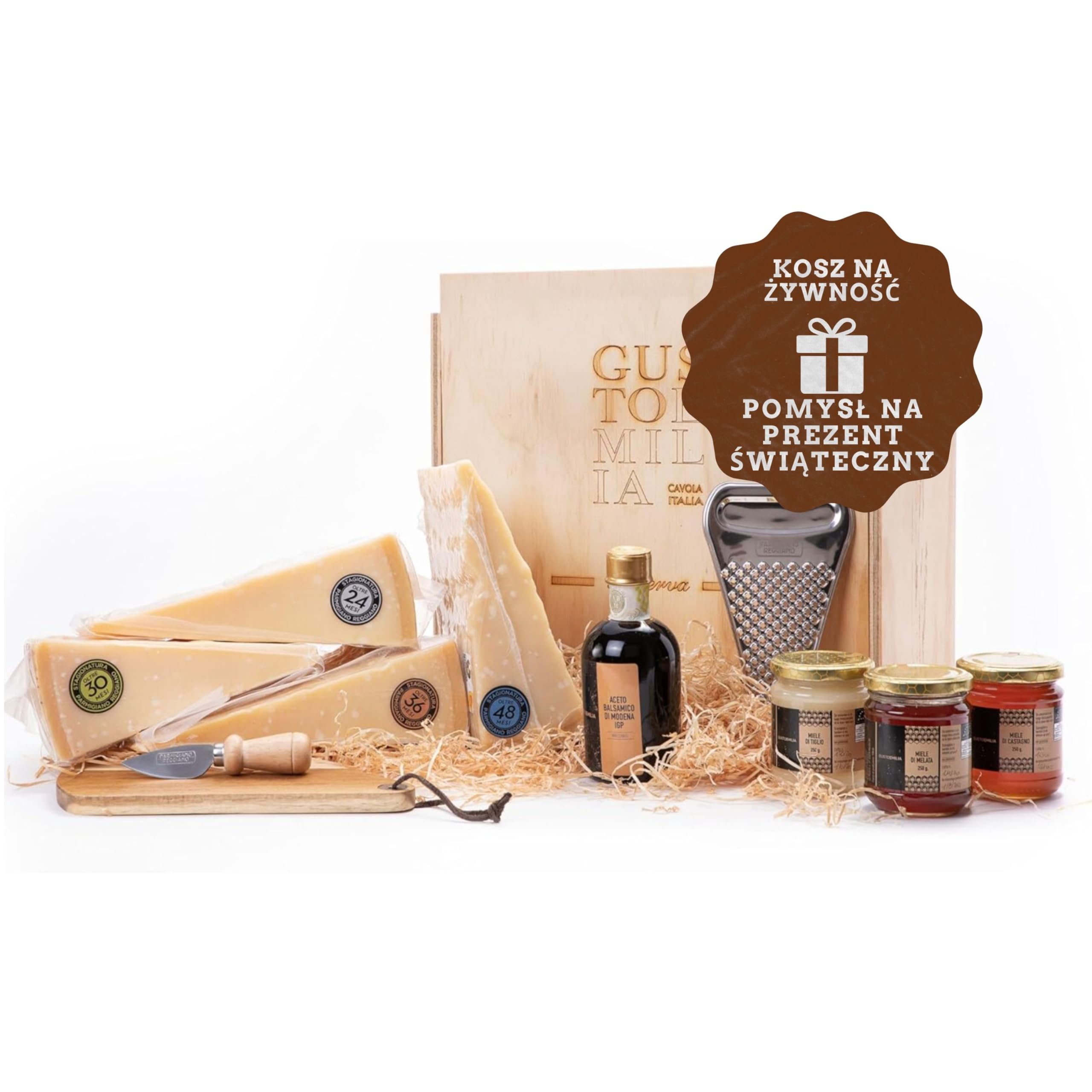 GUSTOEMILIA Kosz Upominkowy Gourmet: Ser Parmigiano Reggiano dojrzewający, Miód (3 x 250 g) oraz Dojrzały Ocet Balsamiczny - Włoski Kosz Prezentowy na Wszystkie Okazje
