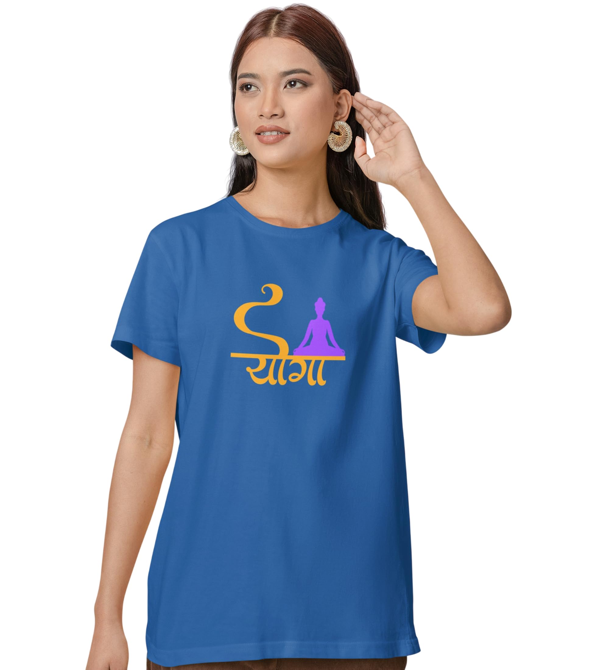 Yoga is Enough : Printed Round Neck Cotton Blue T-Shirt for Womens-image-0