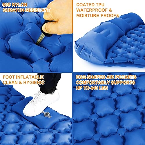 Miniatura 2 de Colchoneta de dormir doble, ultraligera de 4 pulgadas, extra gruesa, autoinflable, para 2 personas con almohada, bomba de pie incorporada,