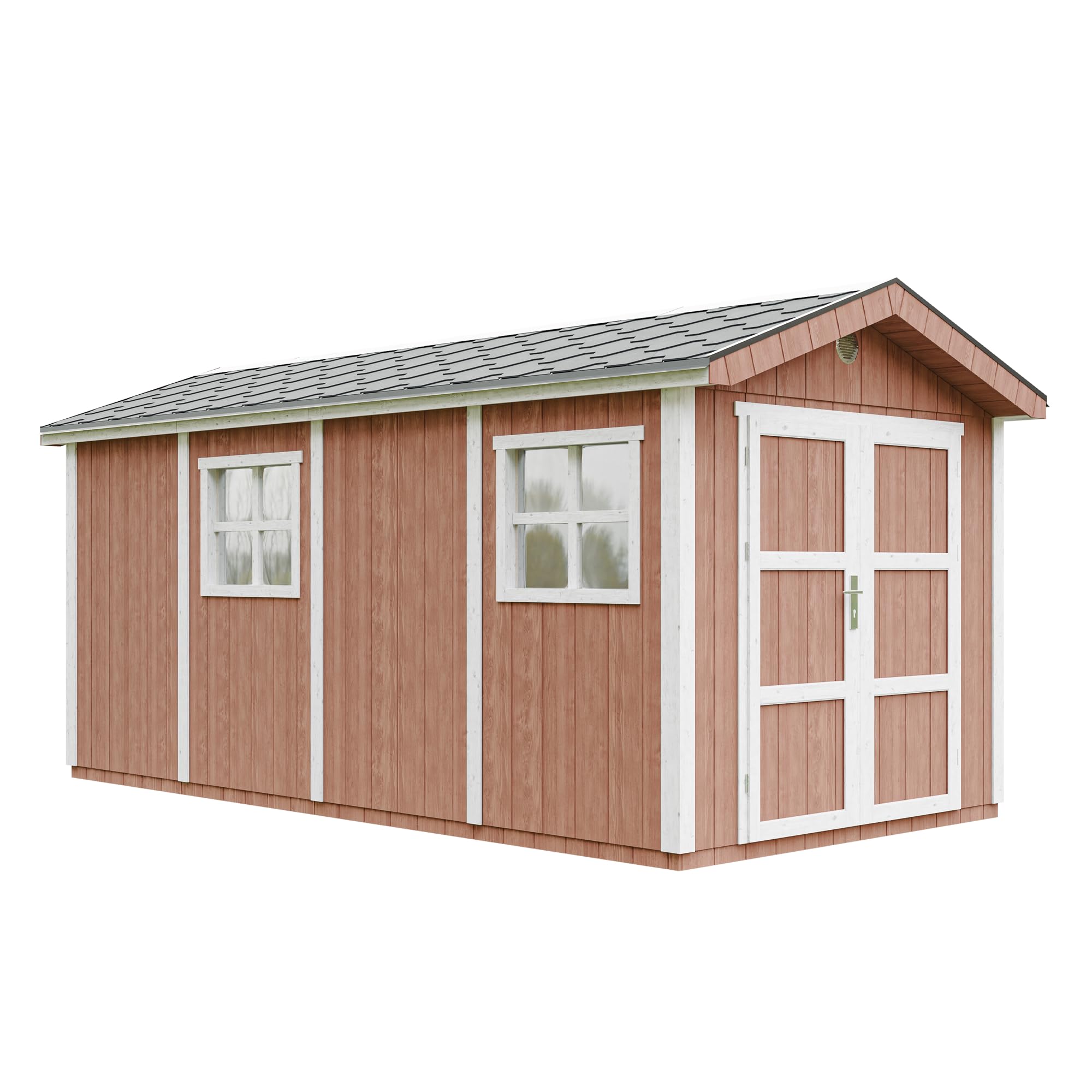 Domek ogrodowy najwyższej jakości 11,47 m² - H252x250x530 cm - Konstrukcja z paneli LP Smartside - Z podłogą i gonty bitumiczne - Timbela M915C-REDWOOD RED
