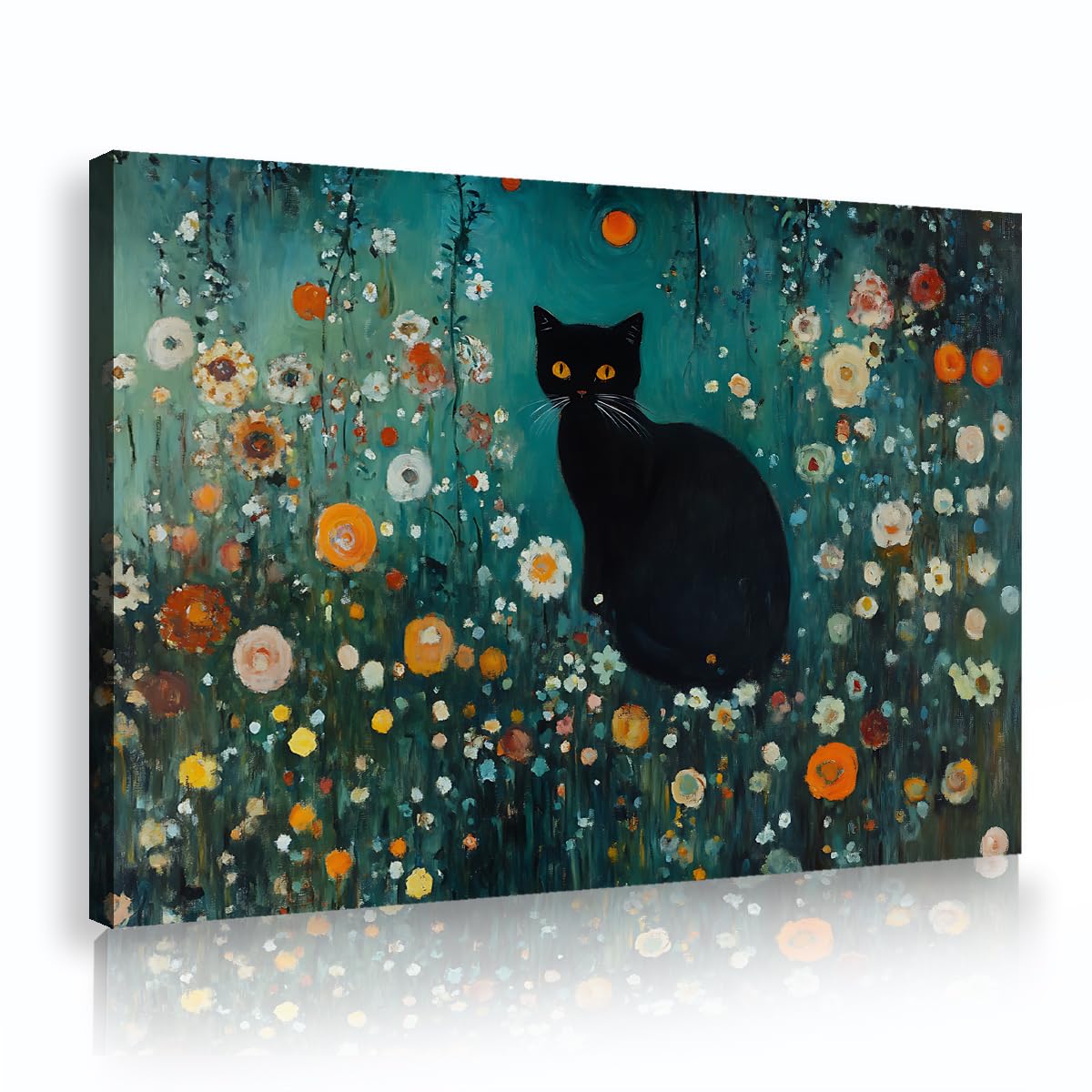 Via Vela Fbh07 Gustav Klimt Expressionism Canvas Wall Art Black Cat Teal Green Night Garden Painting Orange Moon Flower Poster For Office Entryway Hallway House Decor 80X120cm
