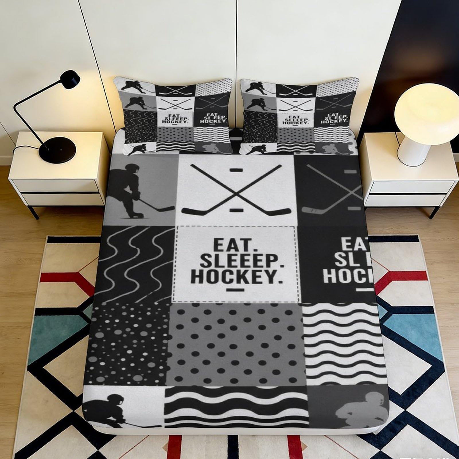 3D Printed Hockey Stick Fitted Sheet Microfiber Black Grey Eat Sleep Hockey Bed Cover for Bedroom Guest Room Decor 90x200x25cm