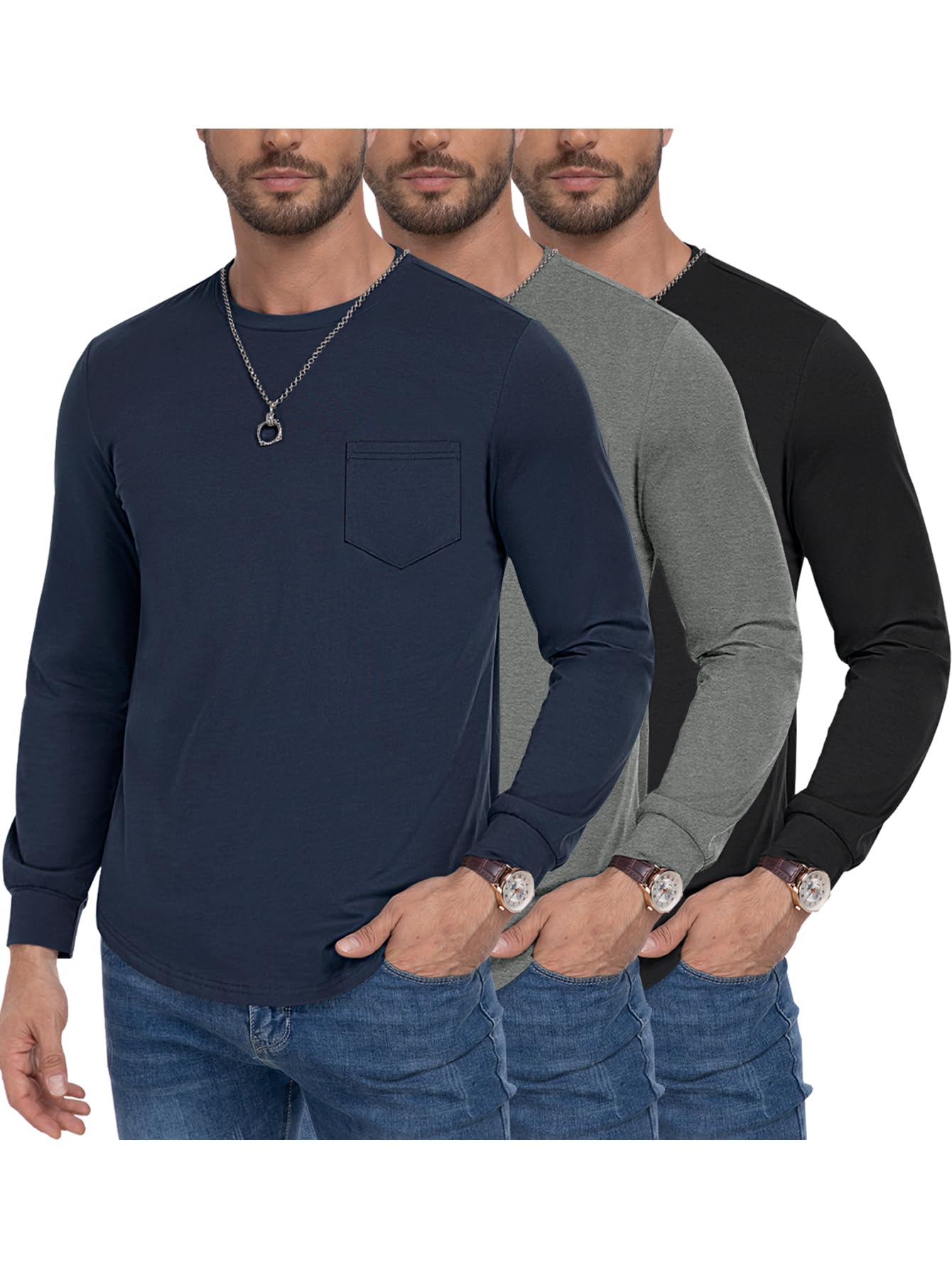 DOWMQ 3 Pack Men's Long Sleeve Pure Cotton T-Shirt