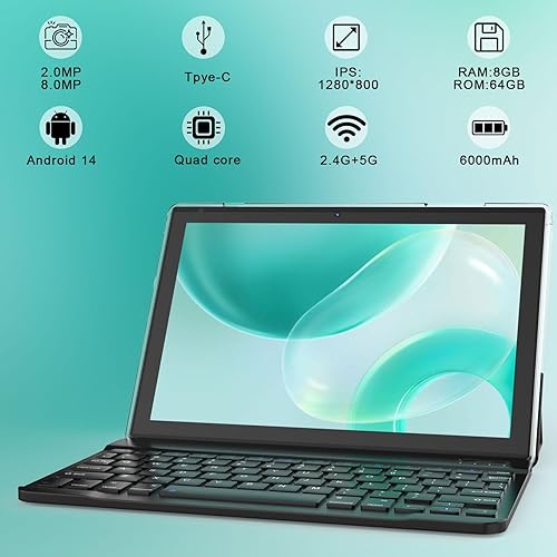 Miniatura 2 de YQSAVIOR Tablet Android 12 de 10 pulgadas, tableta 2 en 1 con teclado, 4 GB+64 GB Tablet PC, Quad Core, pantalla HD 1280 * 800, cámara dual, Wi-Fi,