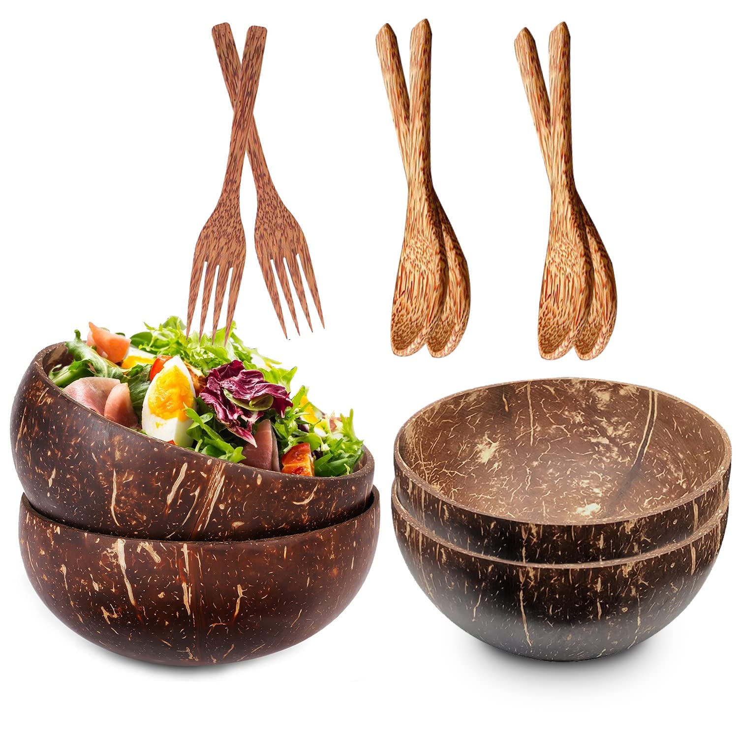 Occuwzz Coconut Bowls Set with Wooden Spoon and Forks Set of 4, Acai Smoothie Bowl100%,Natural Noodle Salad Bowl,Vegan Friendly, Handmade Decorative Serving Bowl Set Gif