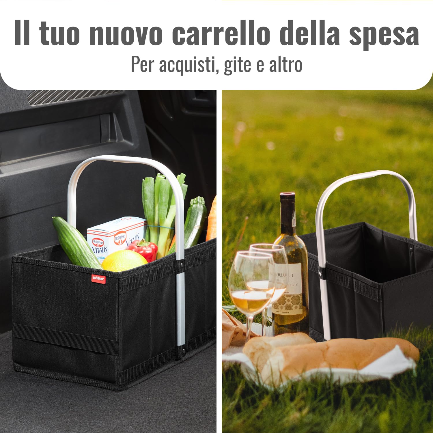 achilles Cestino per la Spesa Pieghevole, Cestino per la spesa Con Manico In Alluminio, Cestino Pieghevole, Cestino Da Picnic, Borsa per la Spesa, (Nero)