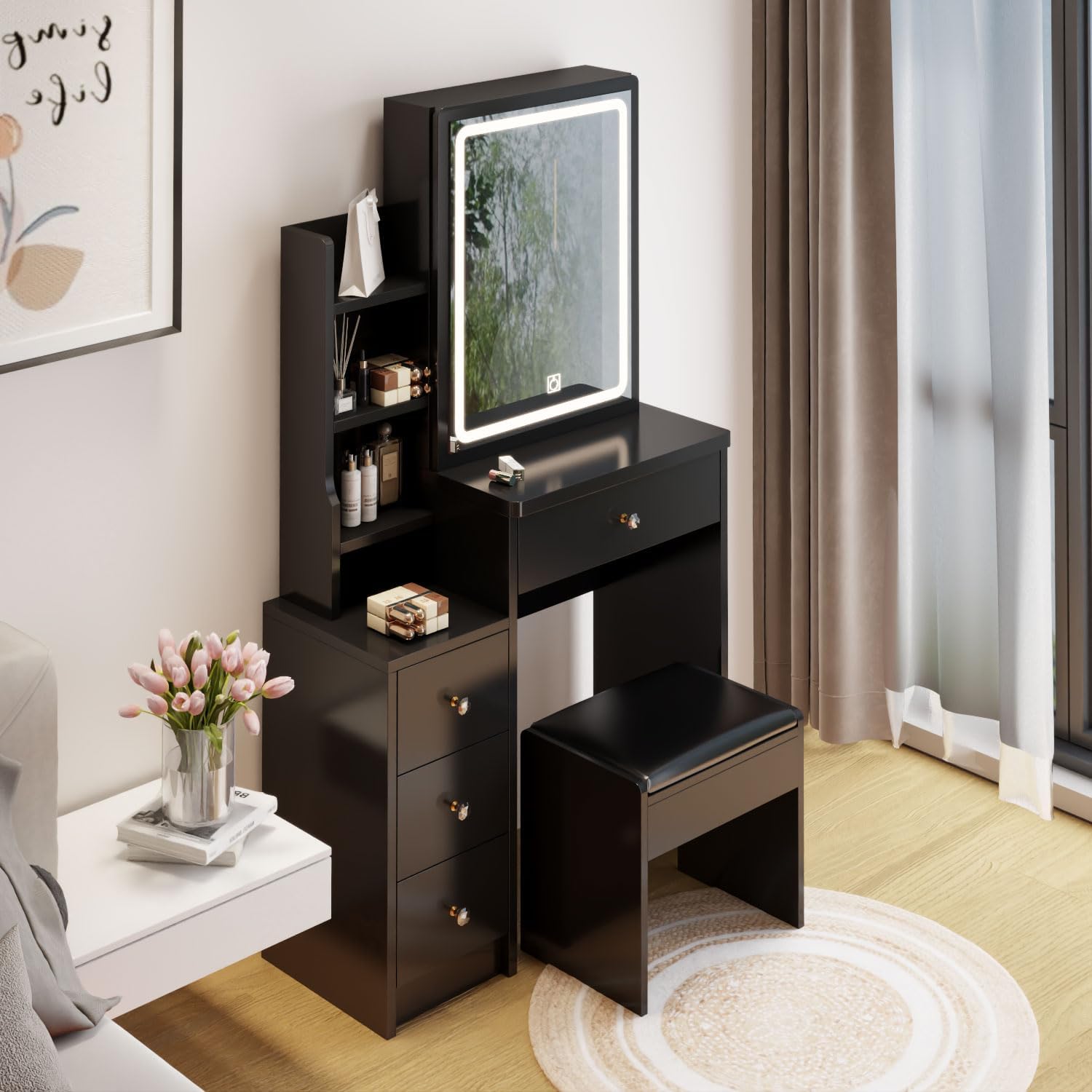 Vanity Desk with Sliding Mirro and 3 Adjustable Lighting Modes, Small Set Chair, 4 Drawers, Storage Shelf, Bedroom Makeup Dressing Table,Black (Black)