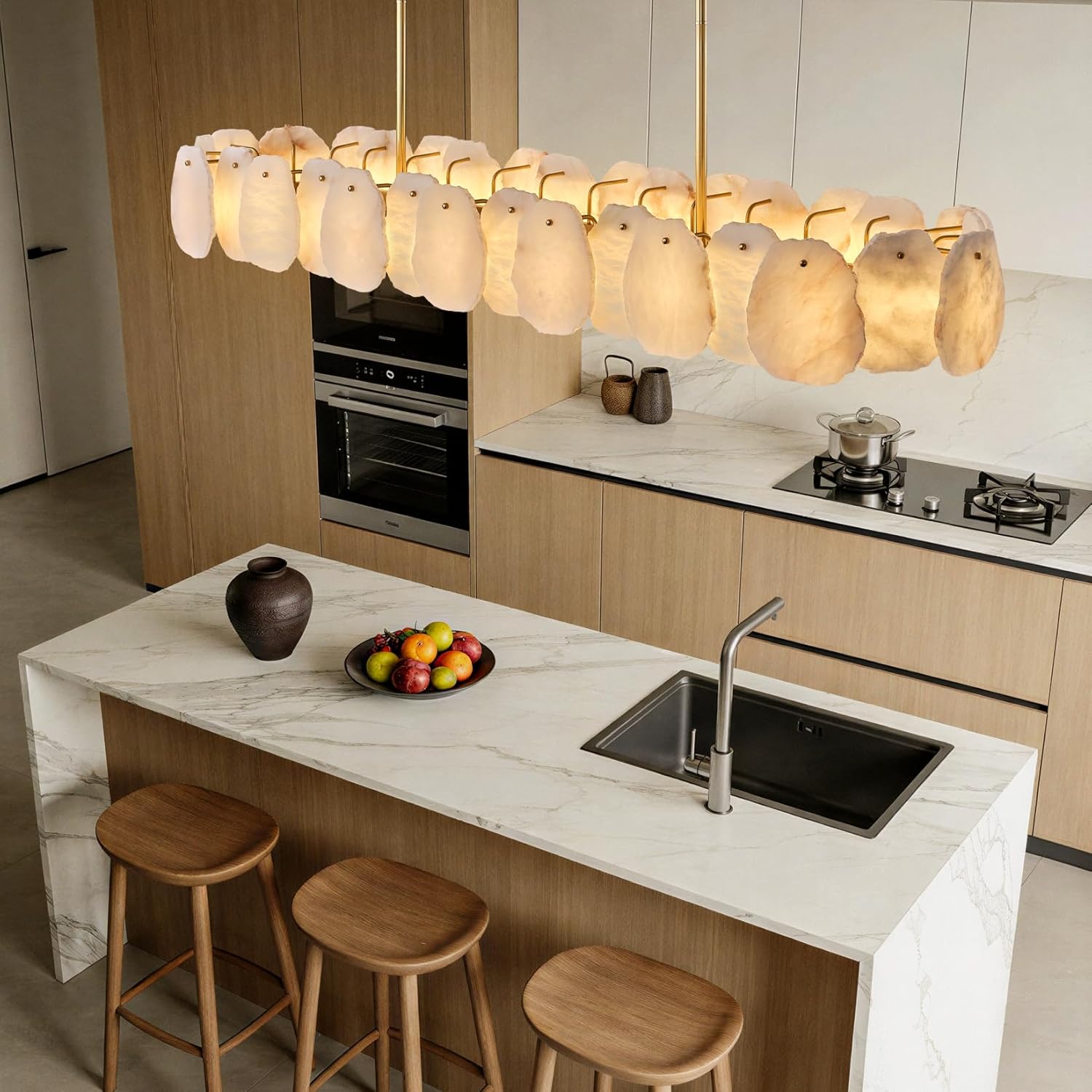Alabaster Rectangle Chandelier for Dining Room, L57in Modern White Marble Chandeliers, Luxury Natural Spanish Brass Alabaster Chandelier Over Table for Kitchen Island Dining Table Living Room