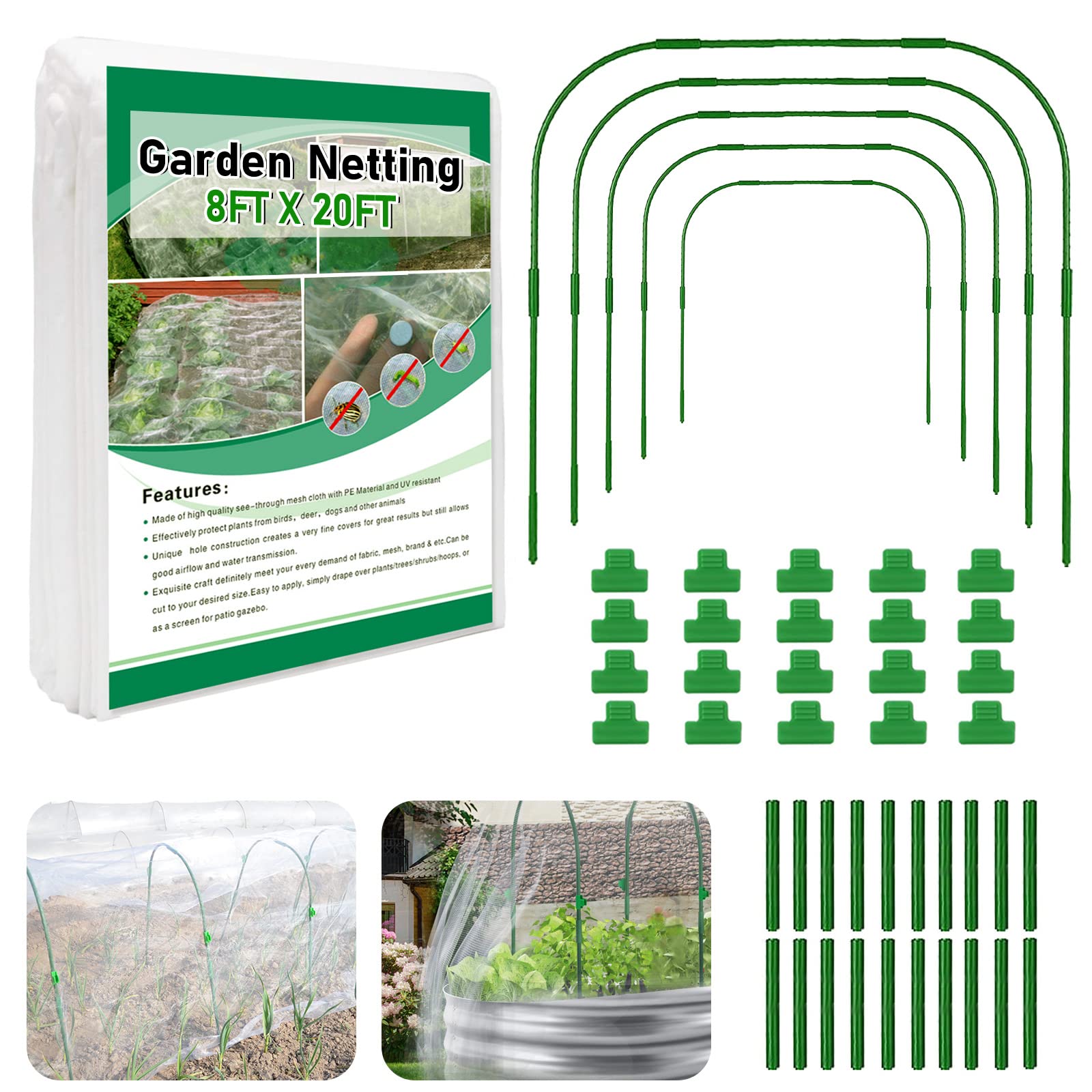 Garden Netting Kit, Garden Mesh Netting Kit for Raised Beds, 5pcs Wide Garden Hoops with 8x20 ft Ultra Fine Plant Covers for Protect Vegetable Row Flowers