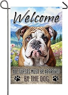 English Bulldog Garden Flag All Visitors Must Be Approved By The Dog Funny Yard Flags for Outside 12x18 Inch Double Sided Front Porch Lawn Garden Yard Decor Burlap Welcome Banner Gifts for Dog Lovers