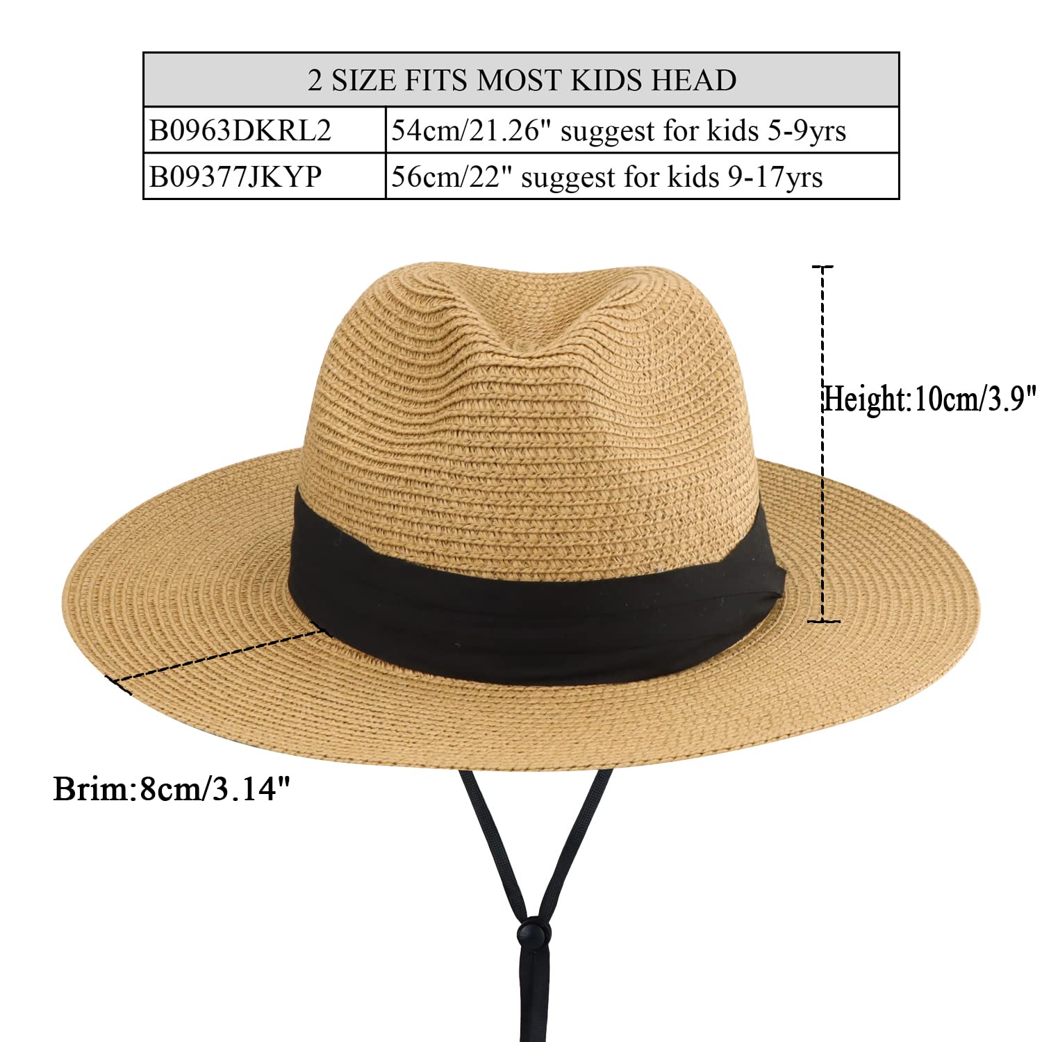 Chapeau de paille pour filles et garçons - Chapeau de soleil - Chapeau de soleil d'été à large bord - Fedora Panama pour enfants (5-9 ans)