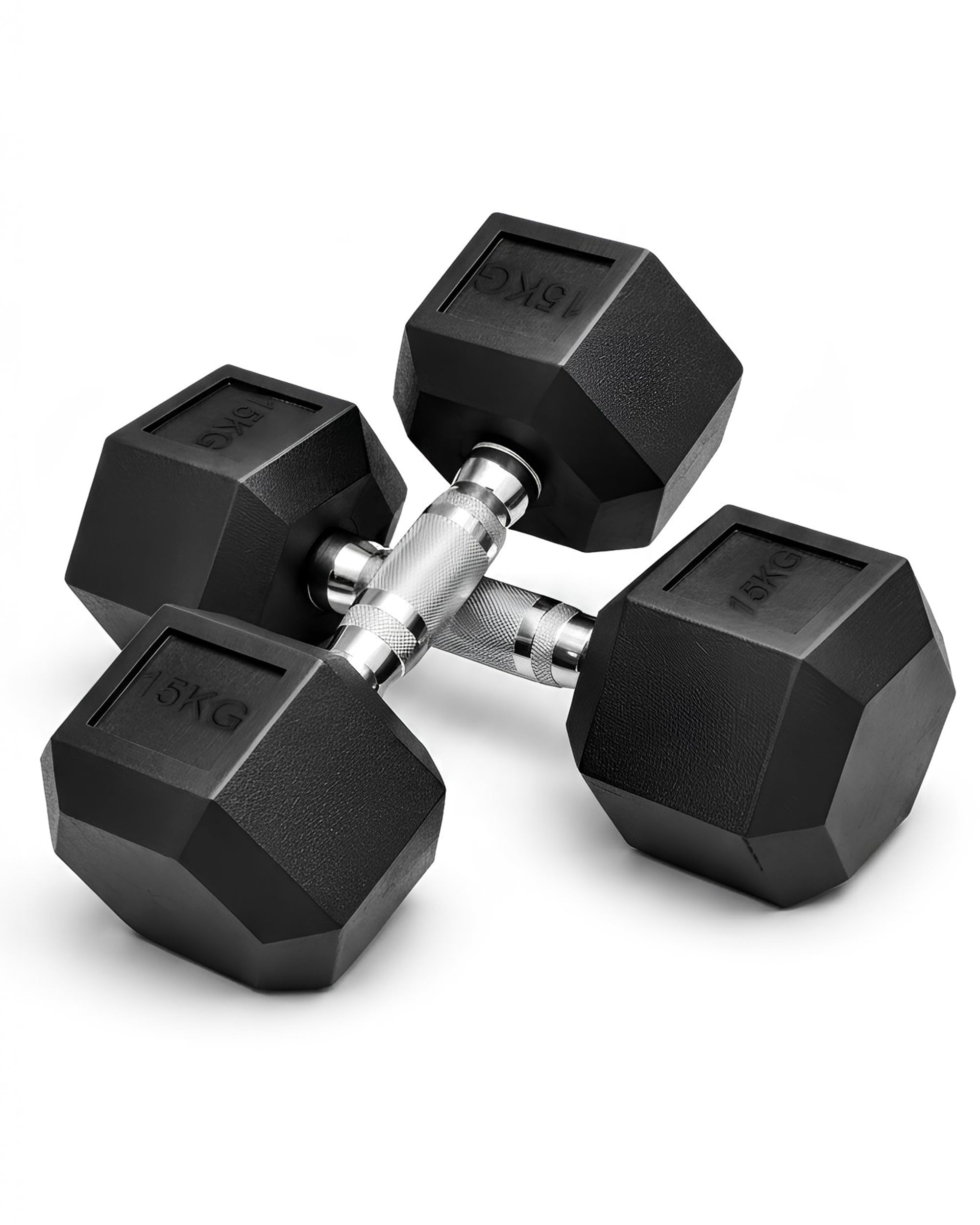 KAYMAN Rubber Hex Dumbbell Weights Pair–Solid Cast Iron Core with Rubber Coating, Non-Slip Knurled Handle, Anti-Roll Hex Design for Strength Training, Home Gym & Fitness Workouts - 15kg