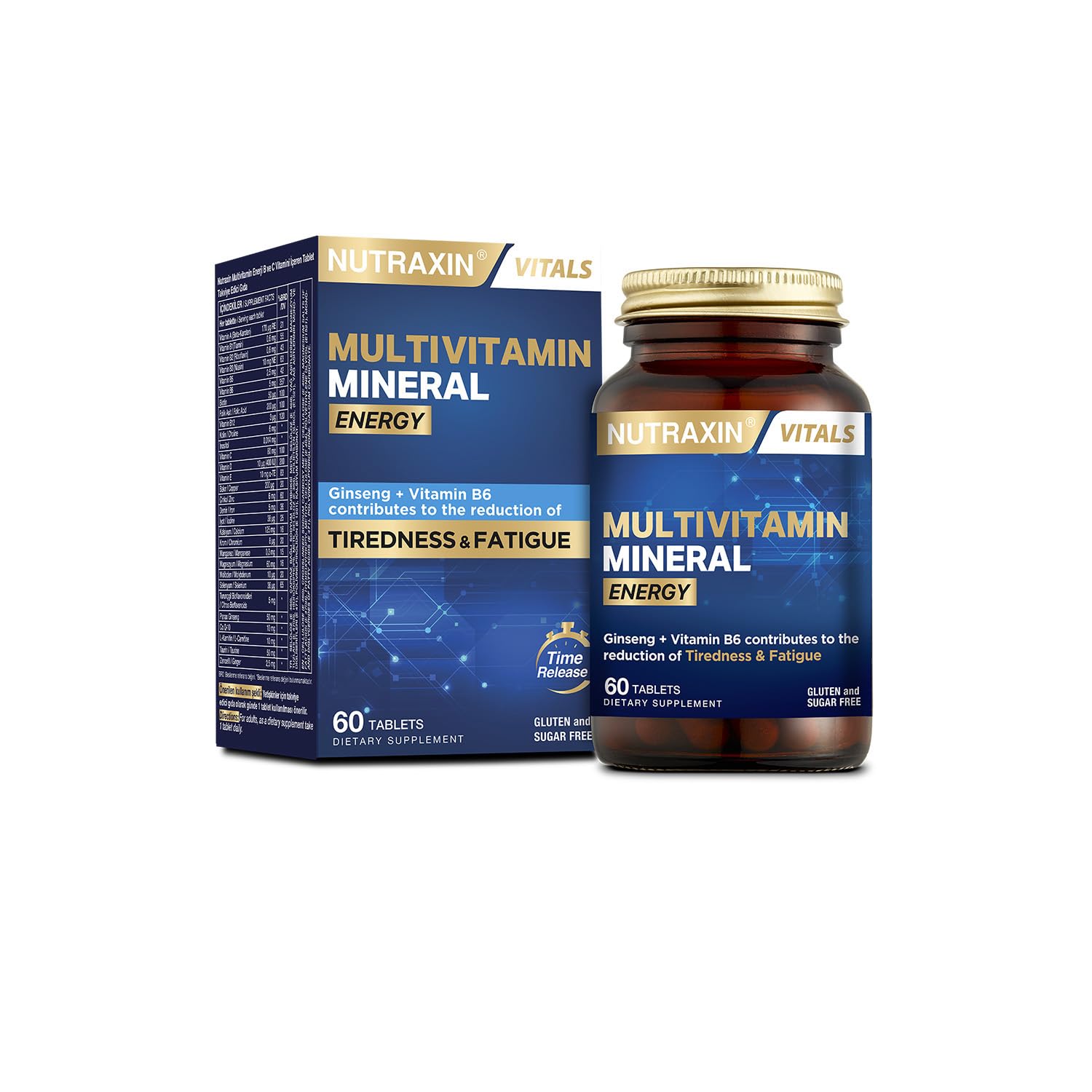 Nutraxin Multivitamin Mineral Energy – Ginseng, CoQ-10, L-Karnitin, Taurin ve 24 Vitamin-Mineral İçeren Enerji Destek Tableti – 60 Tablet – Vegan