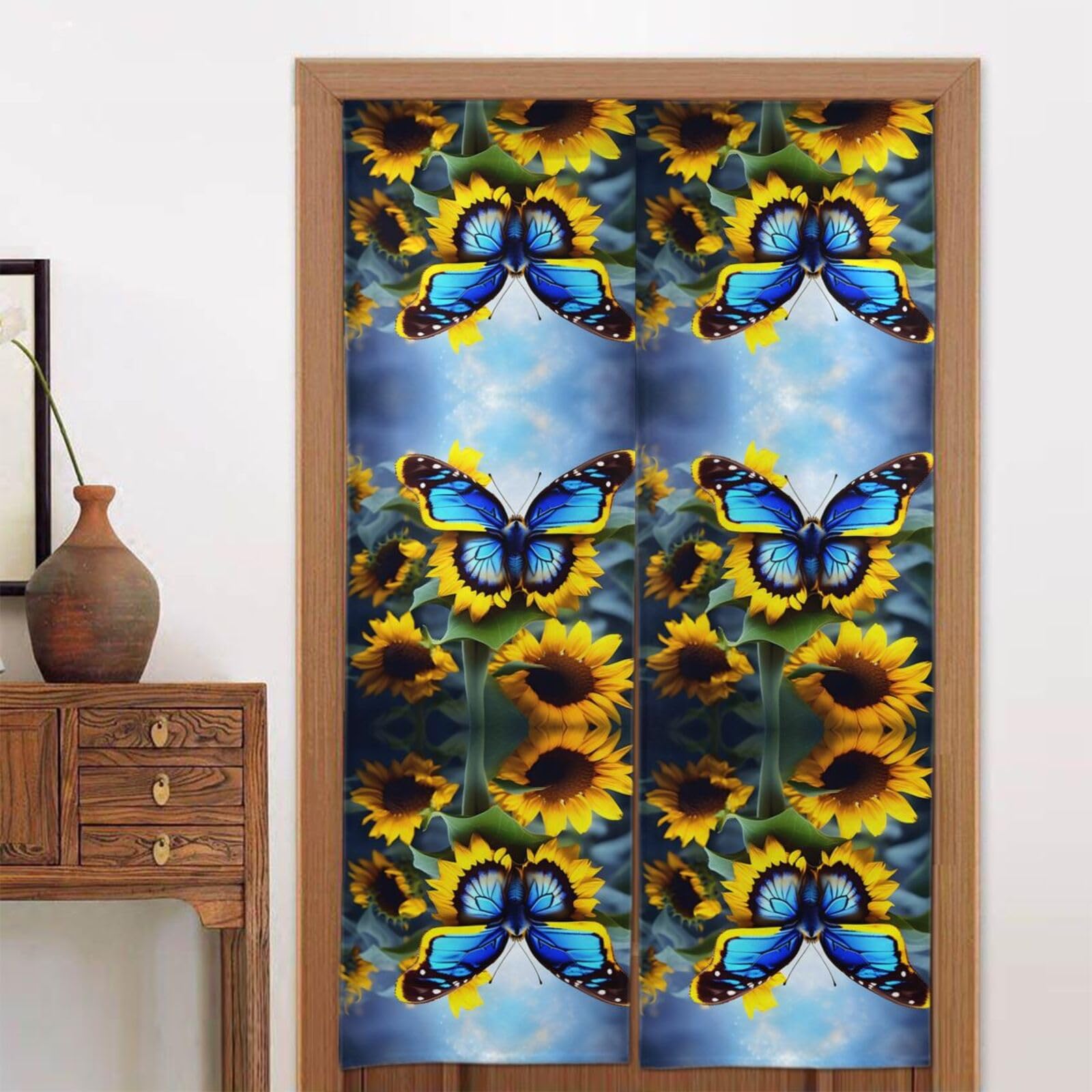 CNTDBU Sunflower Blue Butterfly Door Curtain 34x56 Inch-Room Divider Panel for Privacy, Entryway Screen for Kitchen Bedroom