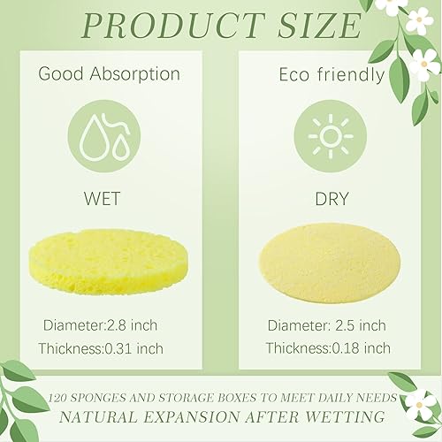 Vista 26 de Sieral 120 esponjas faciales comprimidas, esponjas faciales naturales desechables, almohadillas redondas suaves con recipiente para lavar la cara