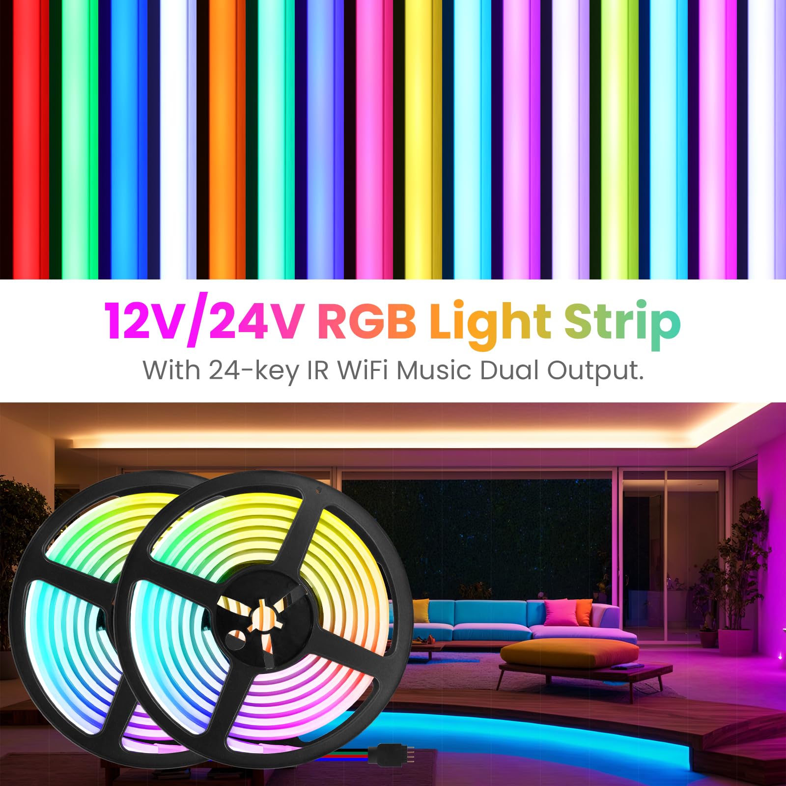 KISUFU Tira LED COB RGB 12V, 576 LEDs/m IP65 impermeable Flexible multicolor Neon de luces led con Controlador IR RGB 24 teclas para música WIFI para Gabinete, Dormitorio, Armario.