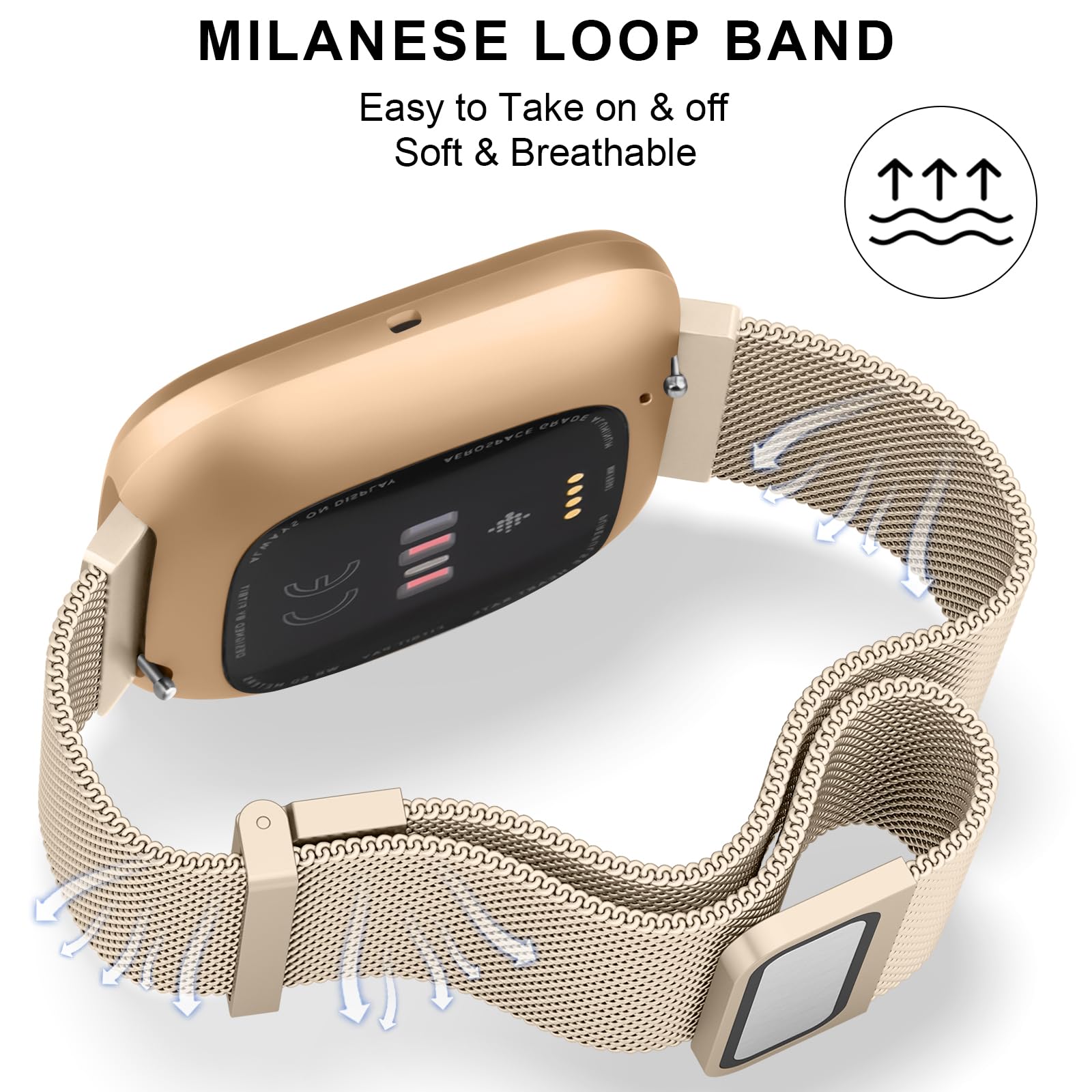 Tobfit Strap for Fitbit Versa & Versa 2 - Breathable Stainless Steel Mesh Loop Adjustable Replacement Strap for Women & Men (Champagne) - Image 4