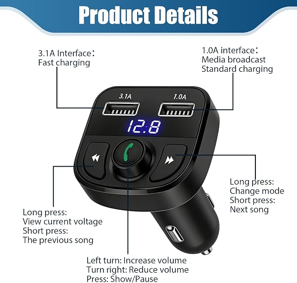 Transmisor FM Bluetooth Coche, Adaptador Coche MP3, Manos Libres Bluetooth con 2 USB, Llamadas Manos Libres, Soporte Unidad Flash USB y Tarjeta TF - 3