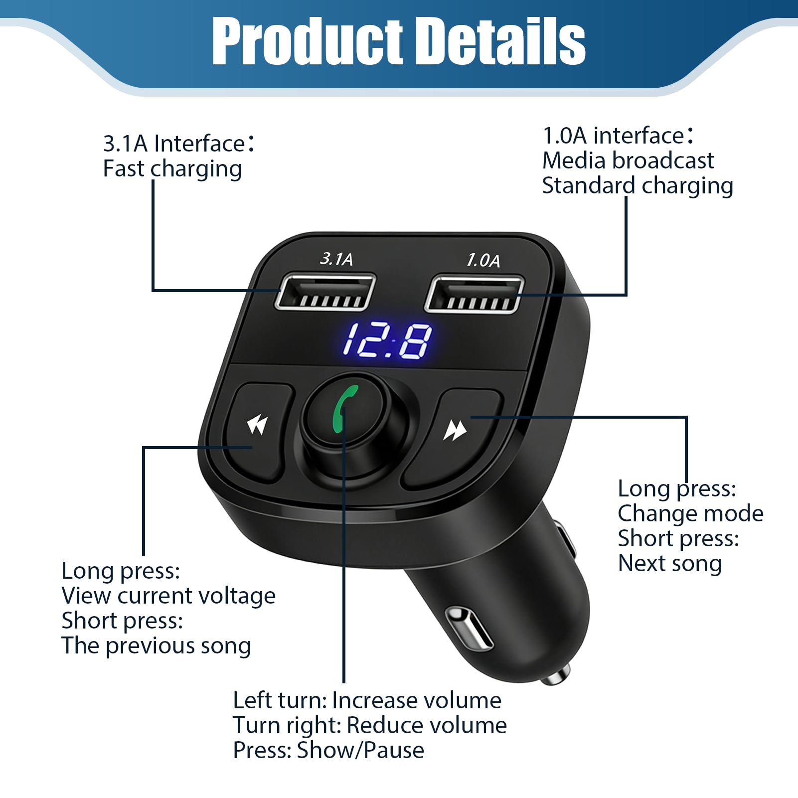Transmisor FM Bluetooth Coche, Adaptador Coche MP3, Manos Libres Bluetooth con 2 USB, Llamadas Manos Libres, Soporte Unidad Flash USB y Tarjeta TF — view 3
