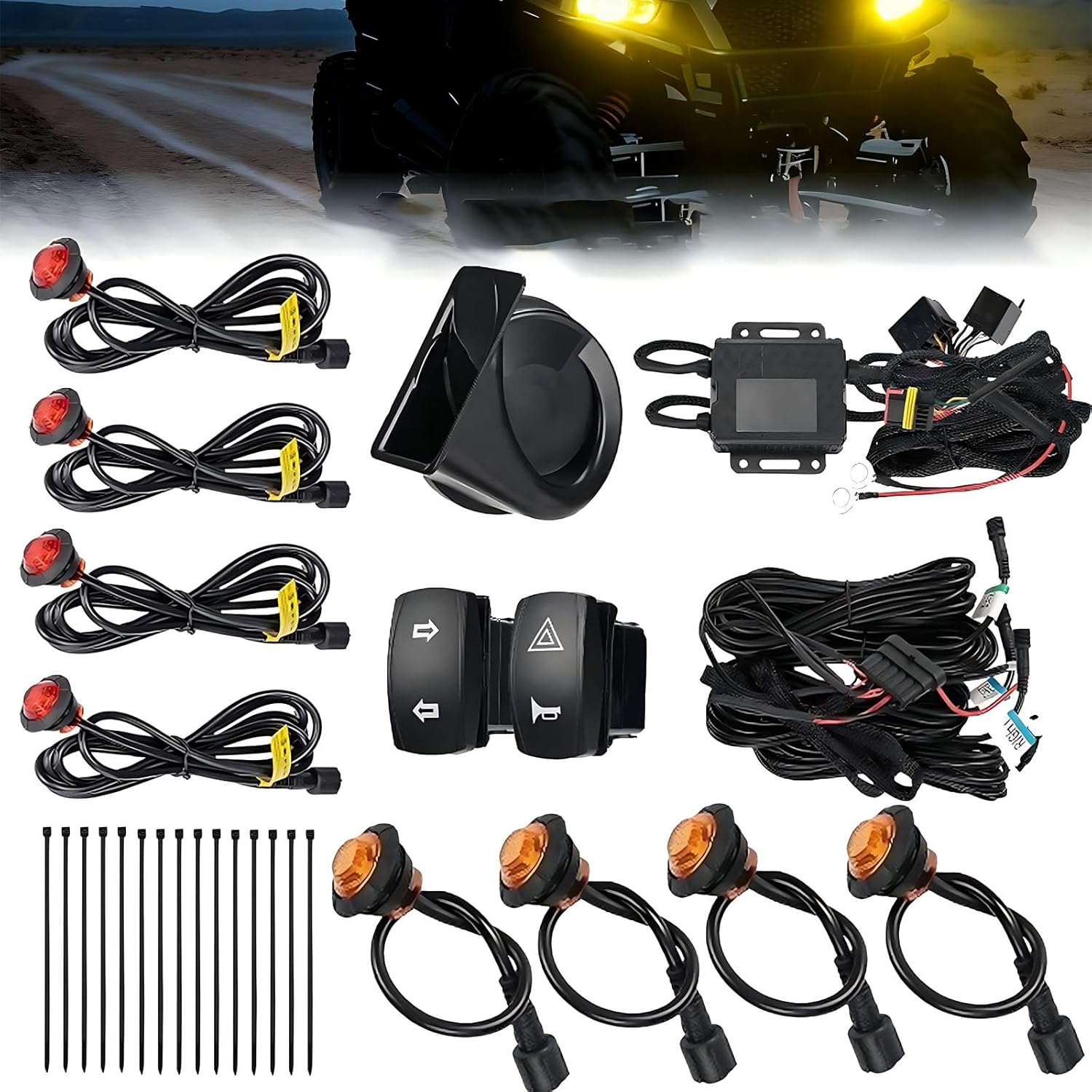UTV Turn Signal Kit with Horn, Plug and Play, Pre-Wired UTV ATV Blinker with Rocker Switch, Hazard Light, Universal Street Legal Kit Compatible with Polaris, Can-Am, Kawasaki, CFMOTO