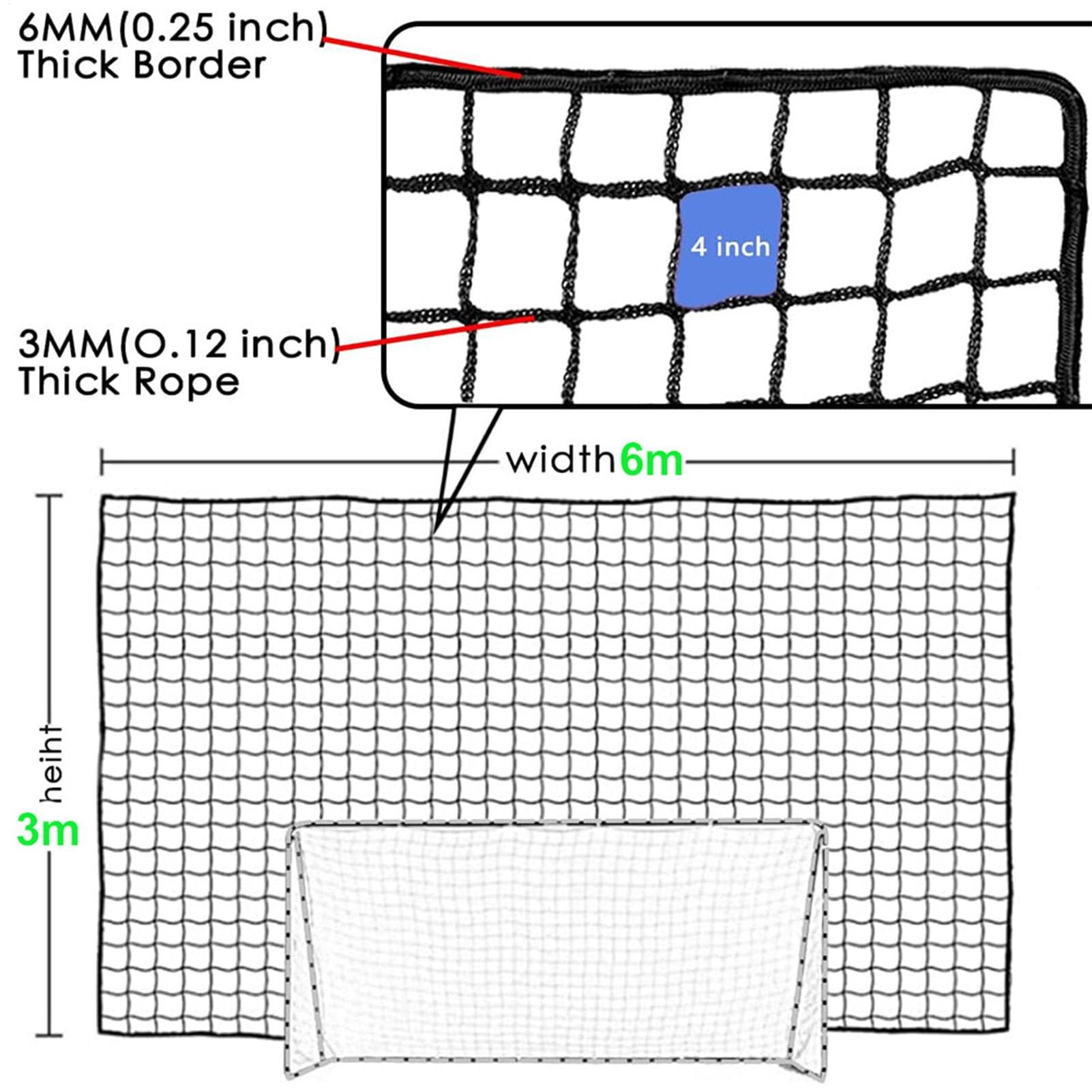 Ballfangnetz, Fußball-Rückfangnetz (3 X 6 M) – Strapazierfähiges Sport-Absperrnetz, Wiederverwendbar, 10 cm Maschenweite, 0,3 cm Seilstärke, Für Baseball, Fußball Und Basketball