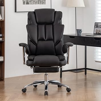 PU Leather Fully Reclining Office Chair & Comfy Big and Tall Office Chair 500lbs with Foot Rest, 360 Swivel Wheels & Arms, Ergonomic Design Black