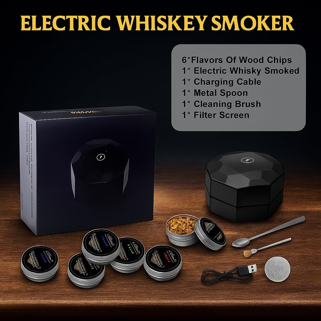 カクテル用電動ウイスキースモーカーキット - 充電式ドリンクスモーカーキット 6種類のフレーバーウッドチップ内蔵ライター付き 男性、