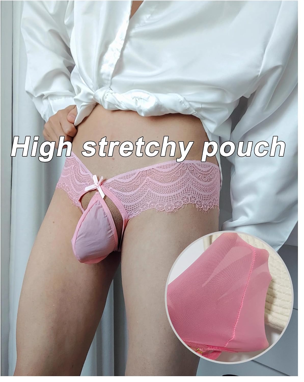 Mens Sexy Pink Lace Jockstraps Underwear, Sissy Lingerie Soft Stretchy Bulge Pouch Panties For Men Crossdressers