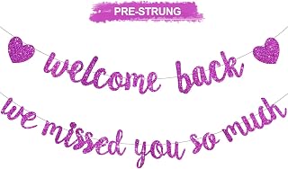 キラキラ Welcome Back We Missed You So Much バナー、DIYなし、ウェルカムホームセレブレーションデコレーション、家族の集まり、新学期イベント、ミリタリーホームカミングデコレーション、パープル