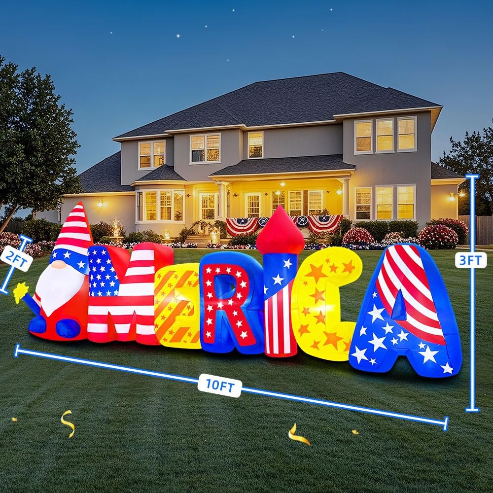 10FT Patriotic Independence Day 4th of July Inflatables Outdoor Decorations, Inflatable American Creative Fonts, Built in LED Lights Blow up Fourth of July Decor for Holiday Party Garden Yard Lawn