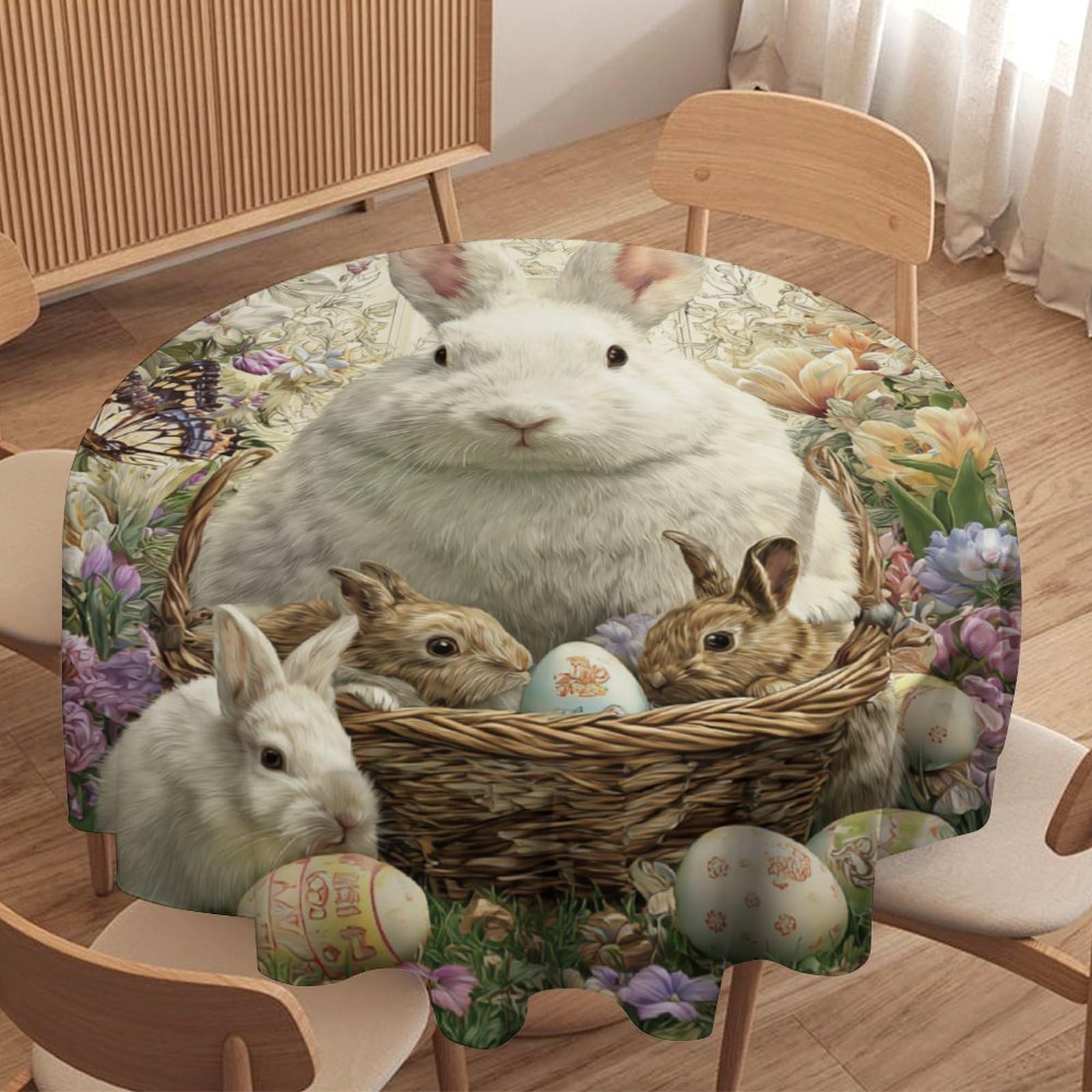 LUYYSKY Modern Cute Easter Rabbits Waterproof Round Tablecloth Vintage Realistic Colorful Eggs Animals Bunny Butterflies Floral Washable Table Cover for Kitchen-127 Wx127 L cm