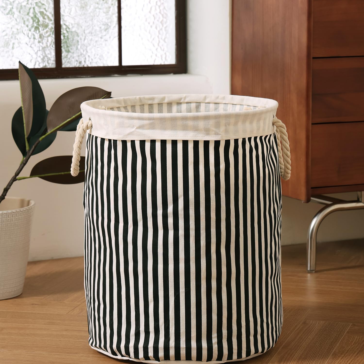 Large Storage Laundry Hamper Basket 62L with Handles for Dirty Clothes Toy Organizer Bins, Waterproof, Collapsible Laundry Hamper, Classic Stripes Pattern, Black Color, 1-Pack, Bathroom, Dorm