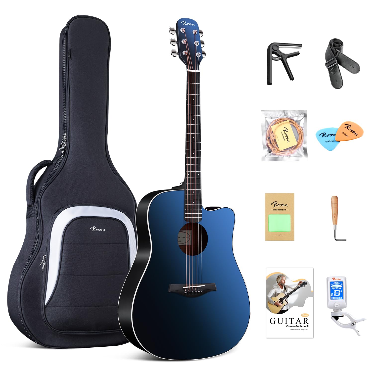 Rosen N10 Akustikgitarre für Anfänger Erwachsene Full Size Dreadnought Solid Spruce Top Acustica Guitarra Bundle Kit mit Gig Bag Tuner Strap Strings Capo Picks Reinigungstuch, Blau
