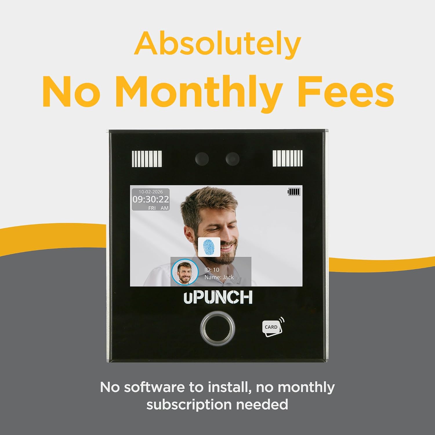 uPunch MK5000 time clock with an overlay stating 'Absolutely No Monthly Fees'.
