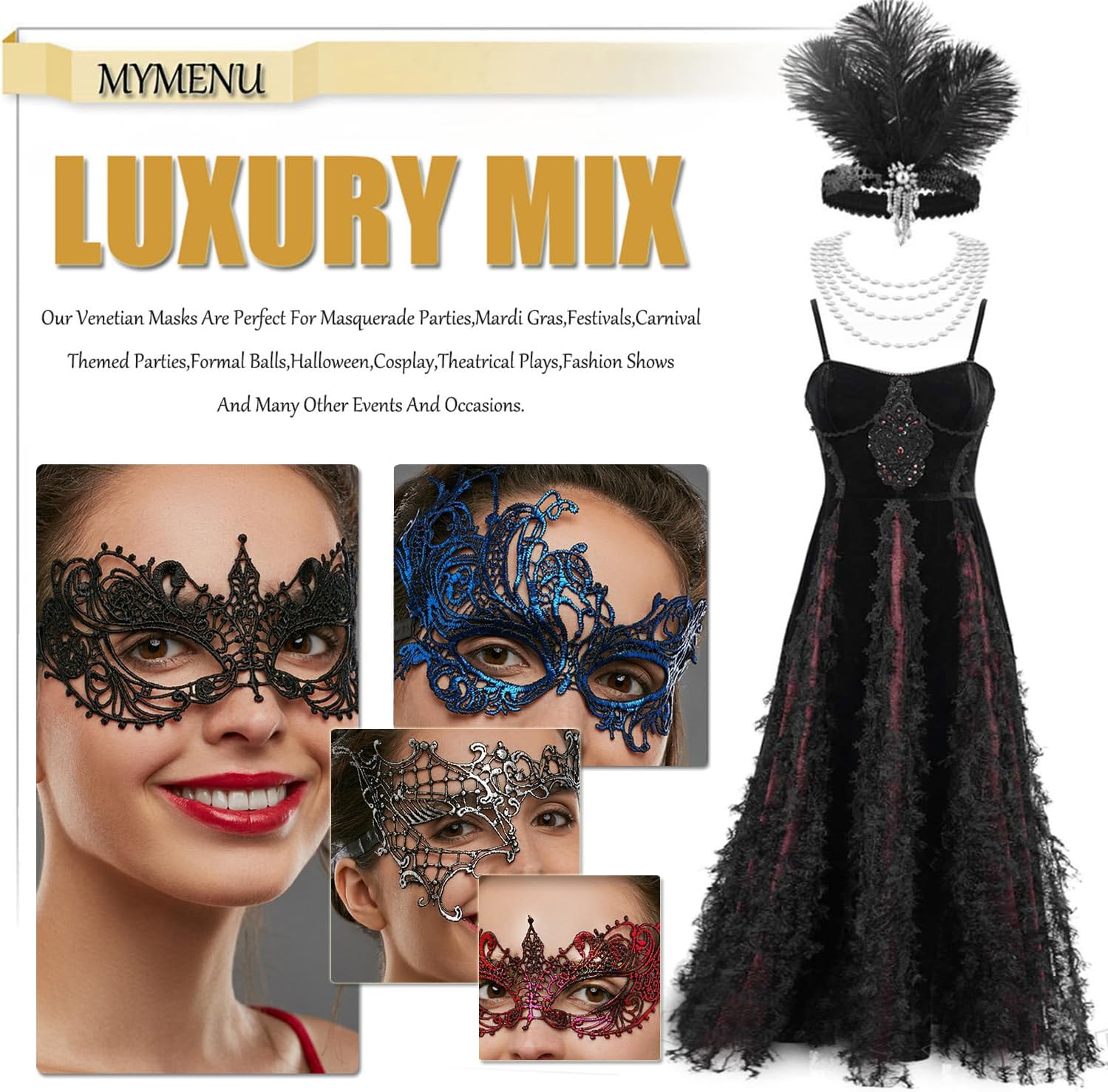 MYMENU Masquerade Mask for Women Venetian Halloween Lace Mask for Party Costume Cosplay Carnival Mardi Gras - Image 5