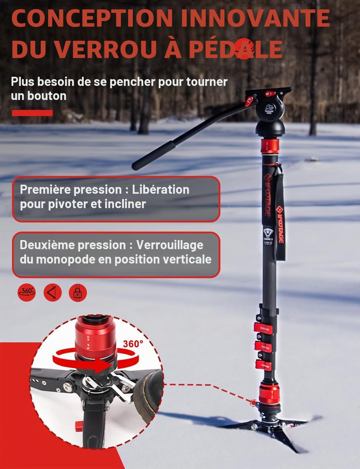 IFOOTAGE Monopode avec pied Cobra 3 C180F-P, Monopode pour appareil photo 181cm/71", Fibre de carbone, Charge maximale 8 kg/17,64 lbs