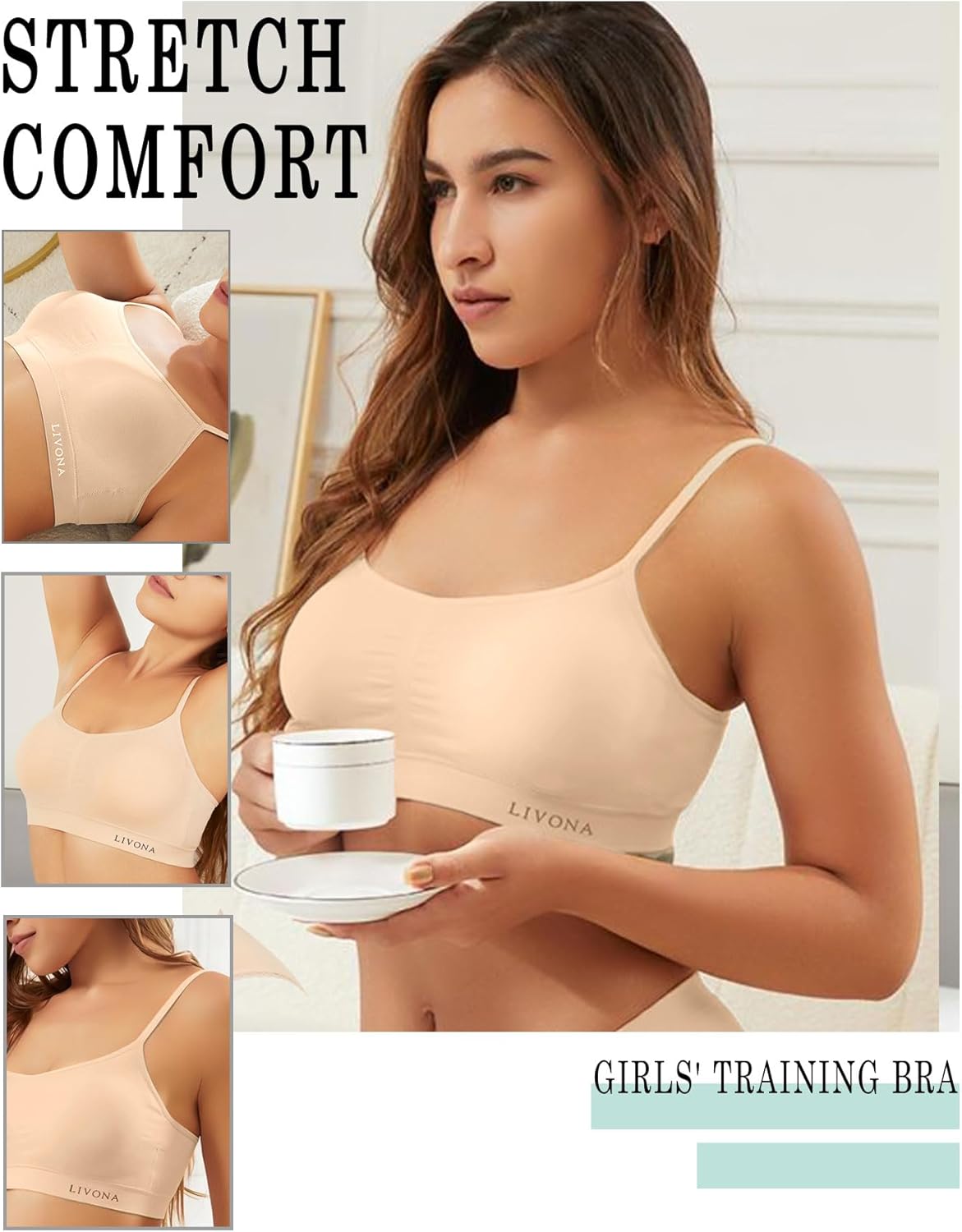 Livona 3 Pack Sports Bras for Women- Wireless Soft Workout Bra, Padded Fitness Bralette, Comfort Crop Cami Tank S-XXL - Image 6