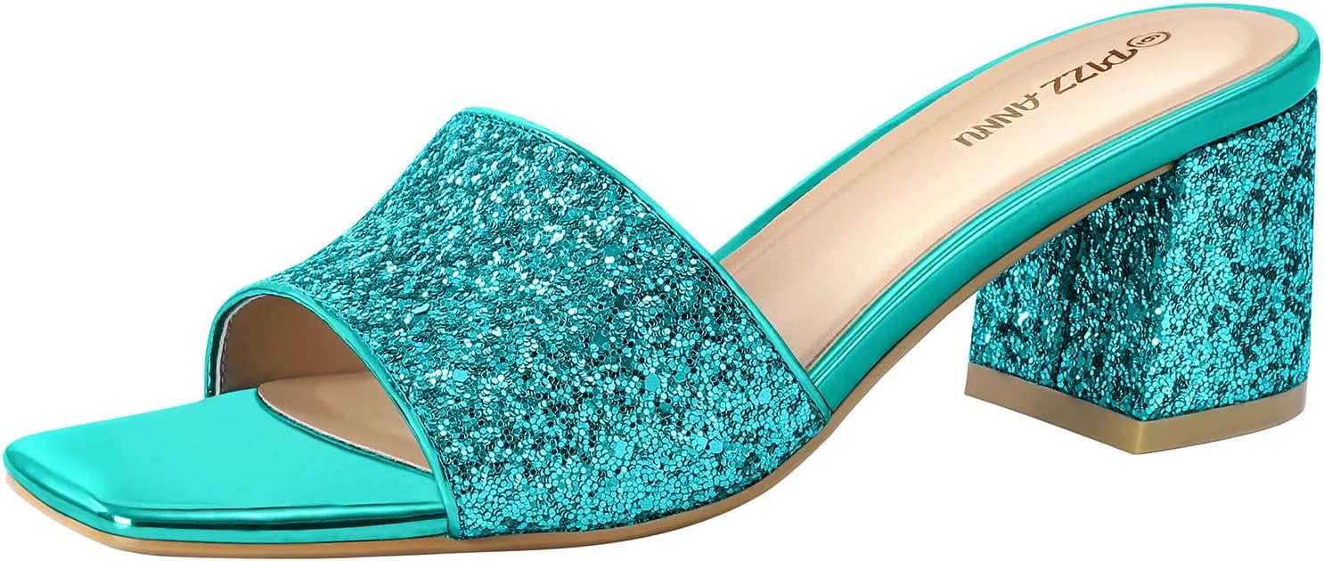 PIZZ ANNU Women's Square Open Toe Heels Sandals Low Block Chunky Heeled Sandal Slip on Mules Comfortable Casual Dress Pumps Shoes