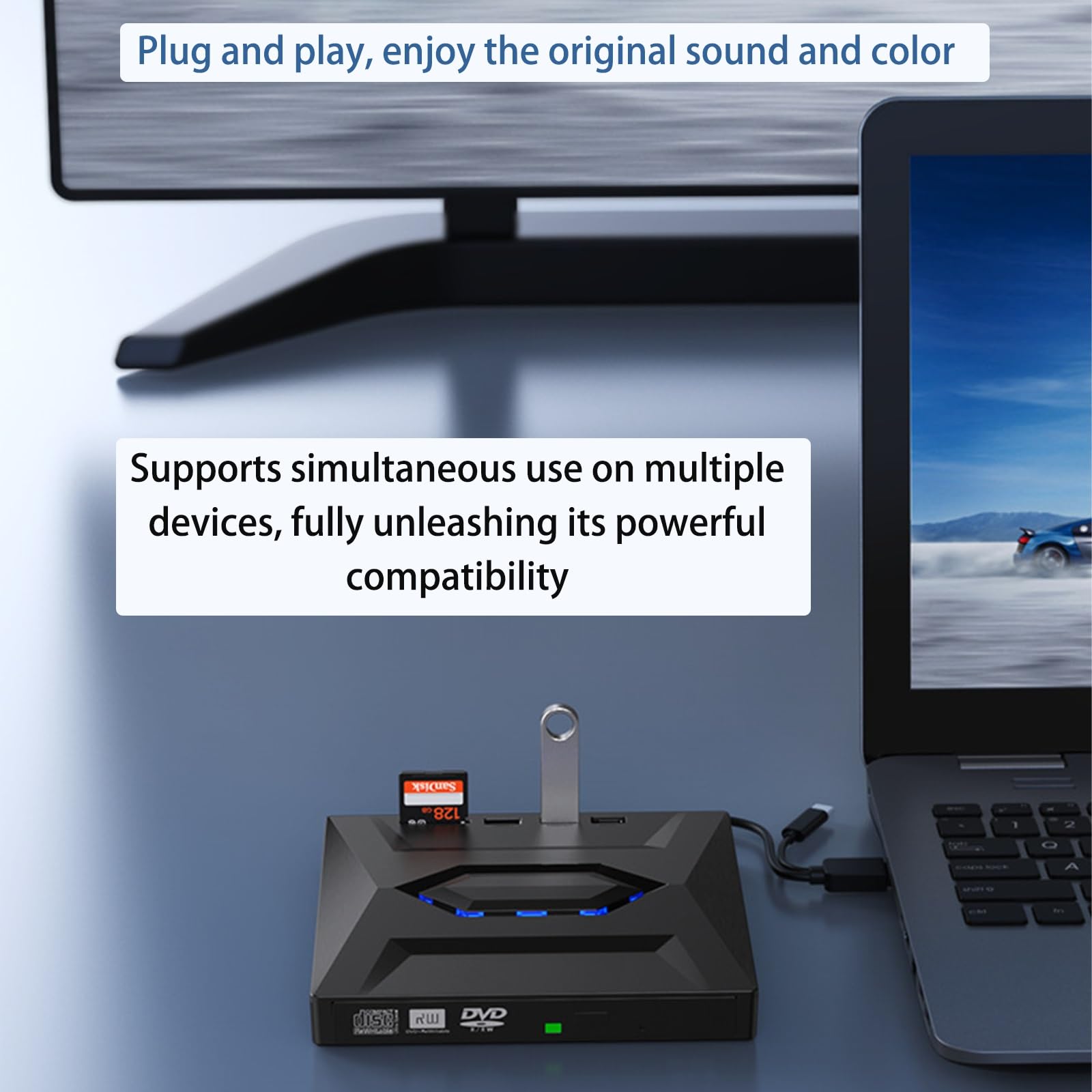 Ultracienki zewnętrzny napęd -ray DVD USB 3.0 i Type-C, nagrywarka optyczna 7 w 1 z czytnikiem kart SD, przenośny odtwarzacz CD/DVD do laptopa, komputera stacjonarnego, komputera PC