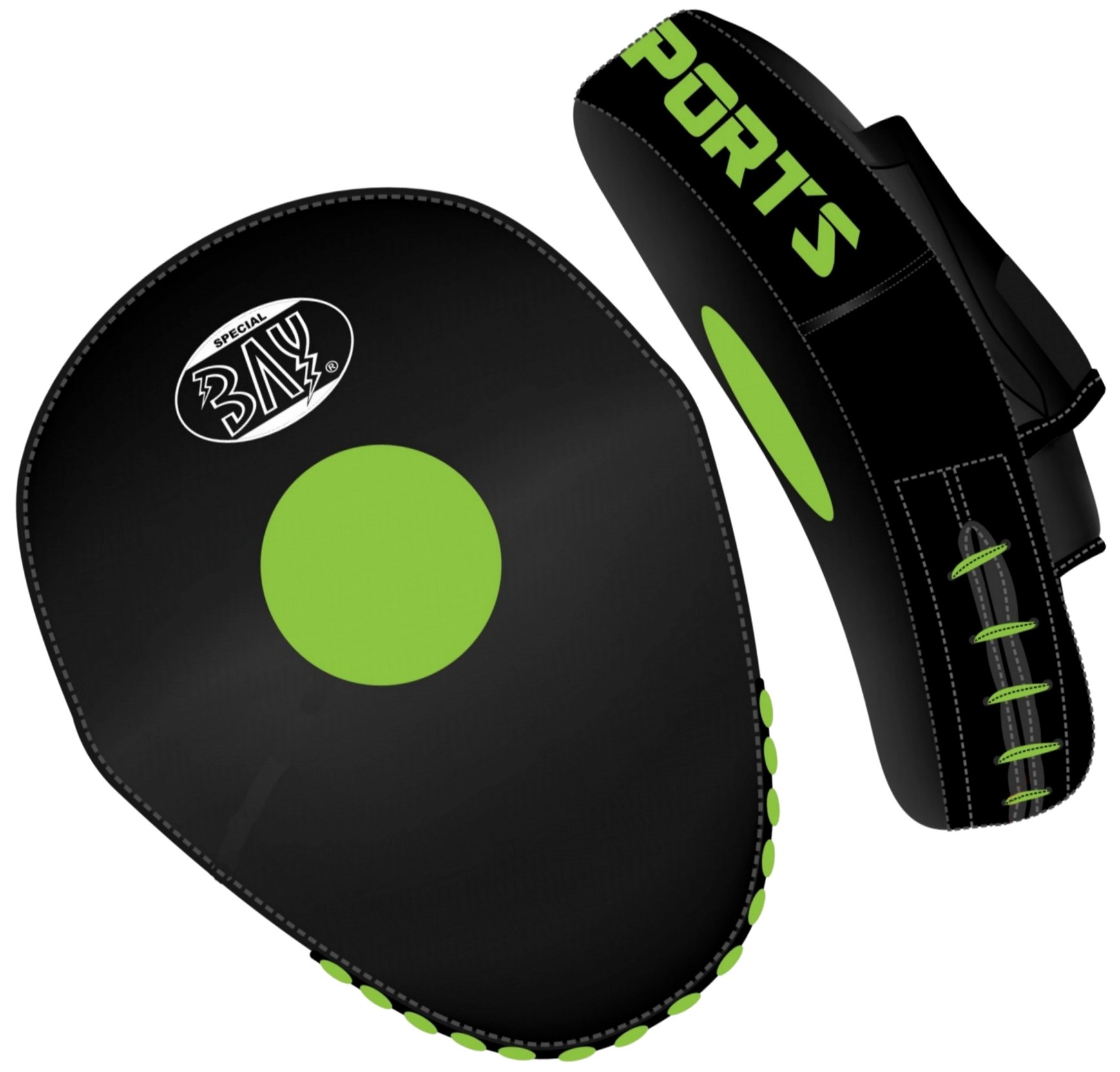 BAY Handpratzen aus Echtleder, Ergonomische Schlagpolster mit Vorkrümmung für Kampfsport, Schwarz-Solar Grün, 2 Stück